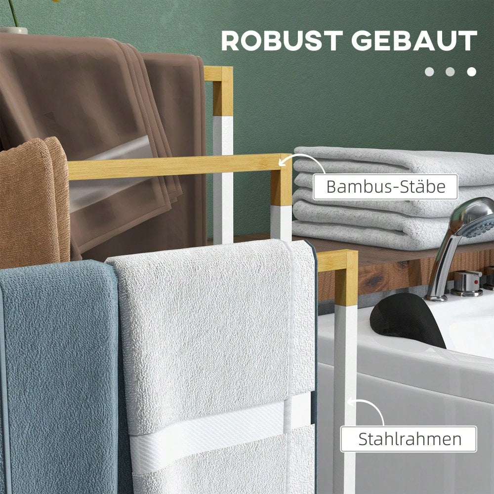 Handtuchständer freistehend mit 3 Stangen aus Stahl & Bambus, für Badezimmer, weiß - von kleankin