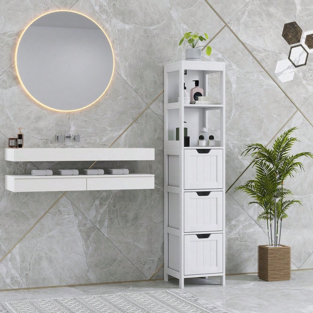 Kleankin Badezimmerschrank Hochschrank, 142.4 cm hoch, 3 Schubladen & 2 offene Fächer, Stauraum Schrank für Bad & Wohnzimmer, Weiß, 30x30 cm (BxT)