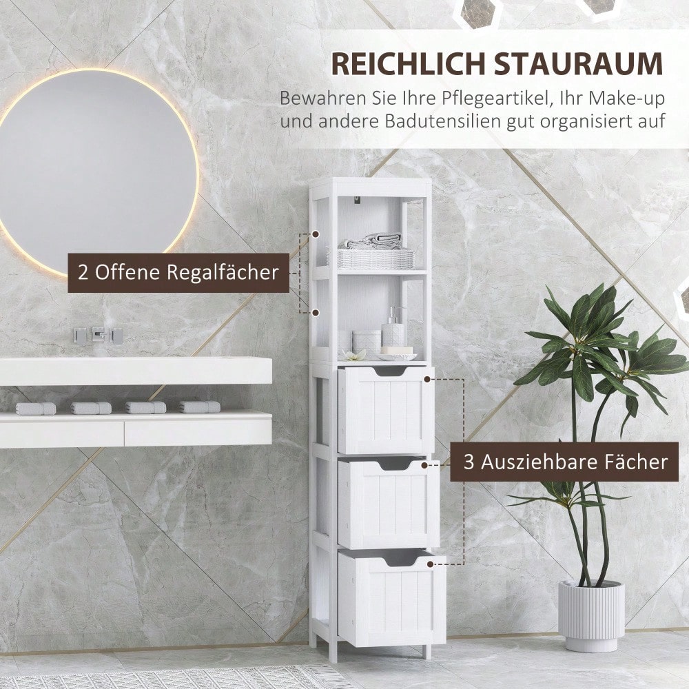 Kleankin Badezimmerschrank Hochschrank, 142.4 cm hoch, 3 Schubladen & 2 offene Fächer, Stauraum Schrank für Bad & Wohnzimmer, Weiß, 30x30 cm (BxT)
