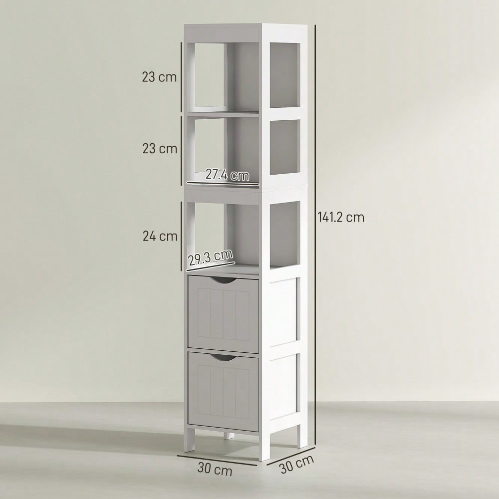 HOMCOM Badezimmerschrank schmal für kleine Räume, 141.2 cm Hochschrank mit 2 Schubladen & 3 offenen Fächern, Toilettenschrank Badschrank, Weiß, 30x30 cm (BxT)