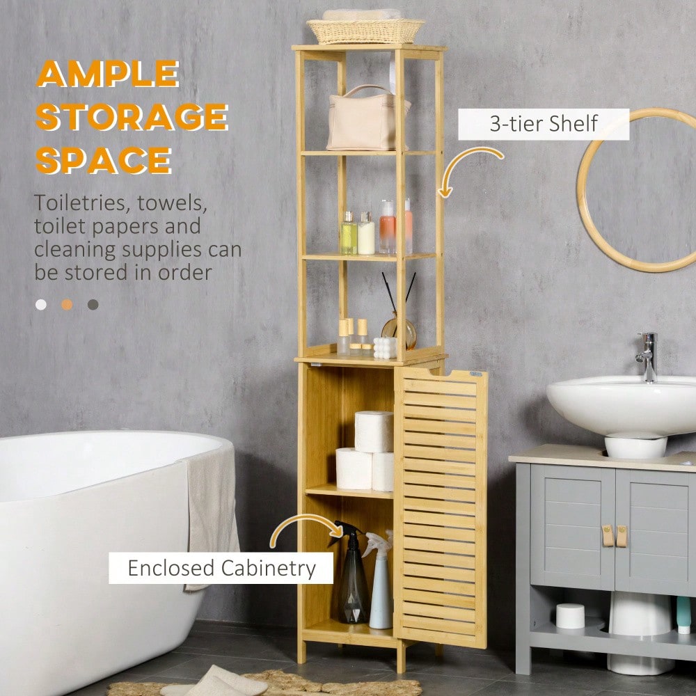 kleankin Badschrank aus Bambus, 173 cm hoher Badezimmerschrank mit 3 offenen Fächern & 1 Schrank, mit Kippschutz und Drucköffnung, freistehend für kleine Badezimmer, Natur