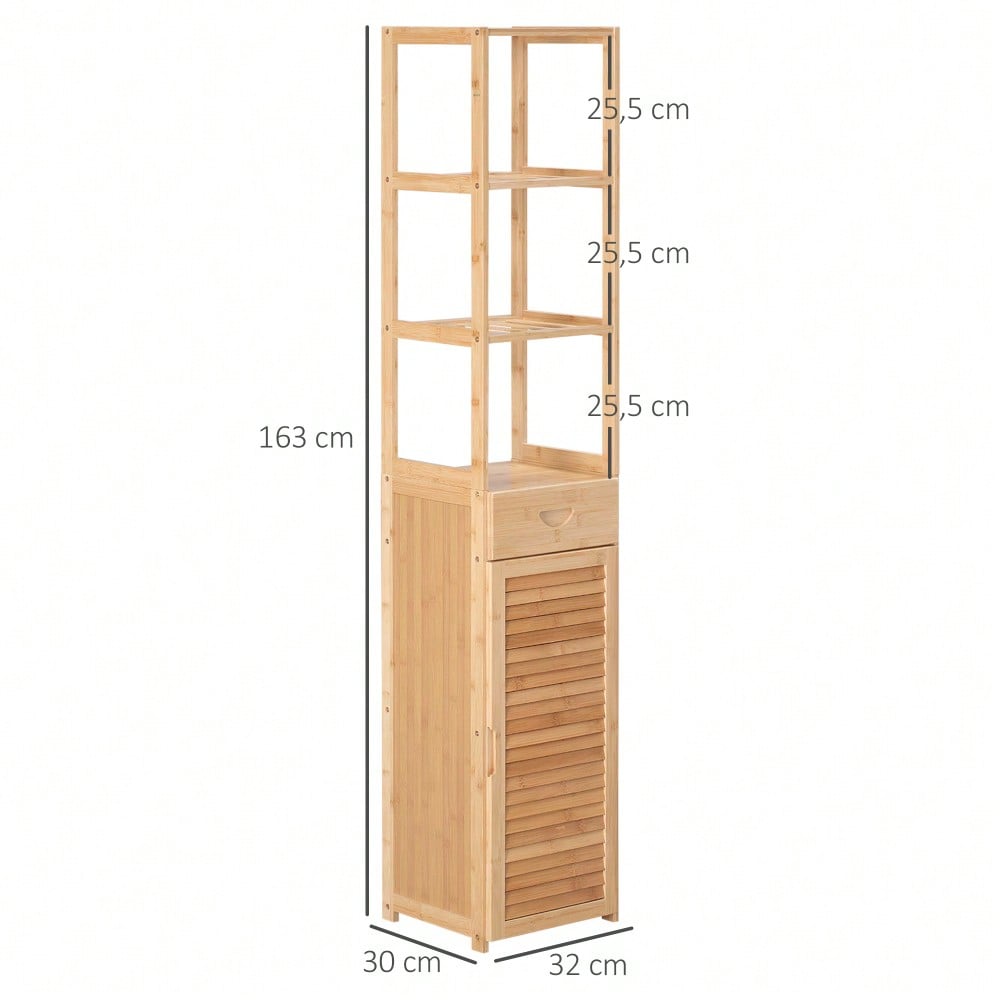 kleankin Badezimmerschrank aus Bambus, 163 cm hoher Badschrank mit 1 Schublade, 3 Ablagen & offenem Fach, schmaler Bambus Schrank für Badezimmer, Natur, 32x30 cm (BxT)