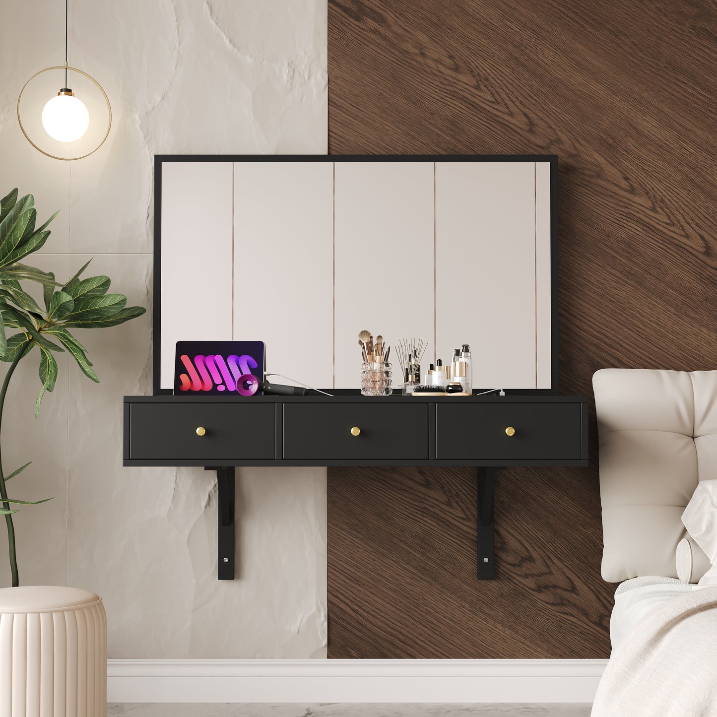 Gigab2b original image - Schminktisch Hängender mit Spiegel,3 Schublade und Steckdosen ,Tablet-Kartensteckplatz, Getränkehalter;schwarz 100×105×45 cm (B×H×T)