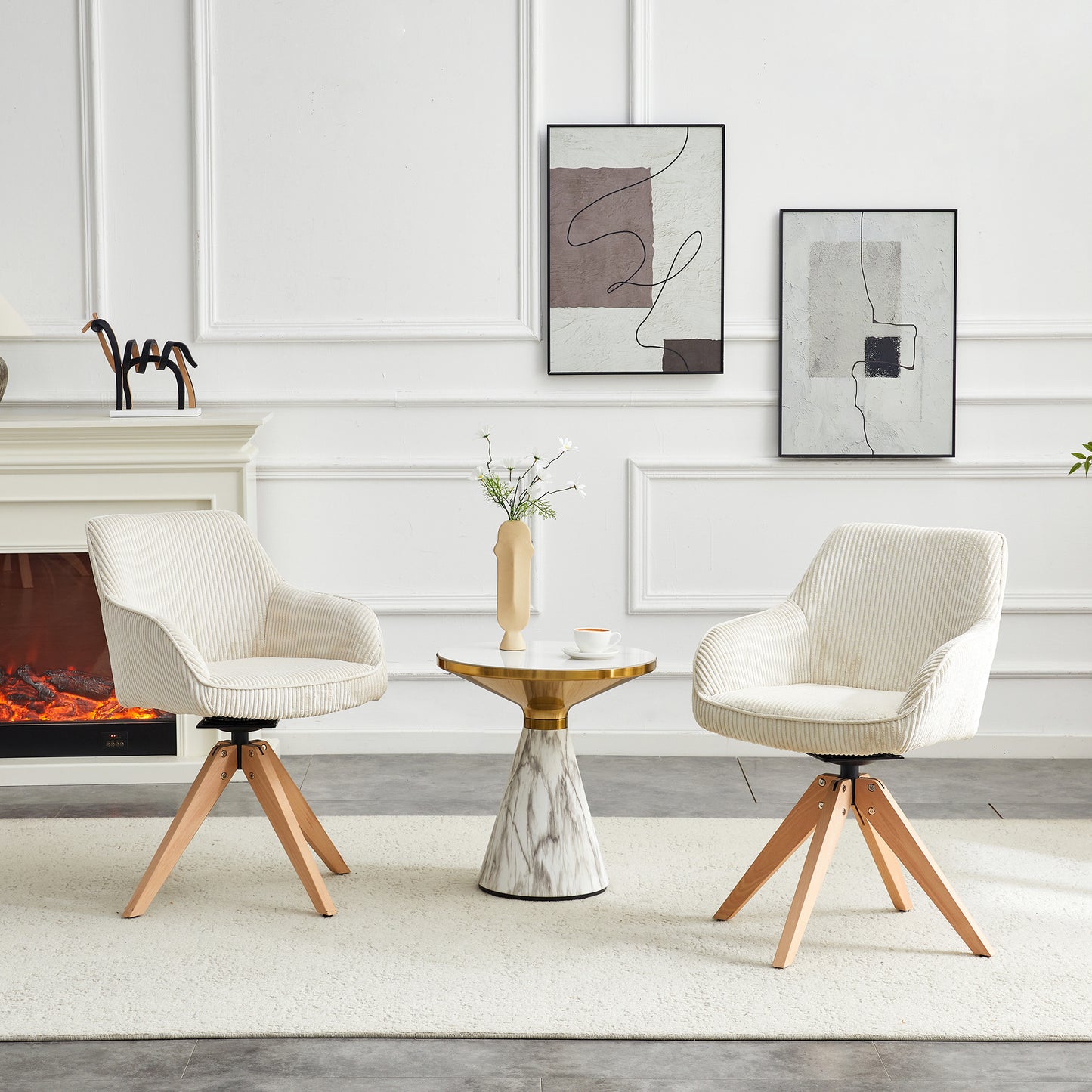 2er-Set leichter Luxury-Drehstühle im Retro-Stil.Sitzfläche aus cremeweißem Samtstoff mit vertikalen Streifen, kombiniert mit Massivholzbeinen, 360° drehbar.Geeignet für Esszimmer, Wohnzimmer, Büro.