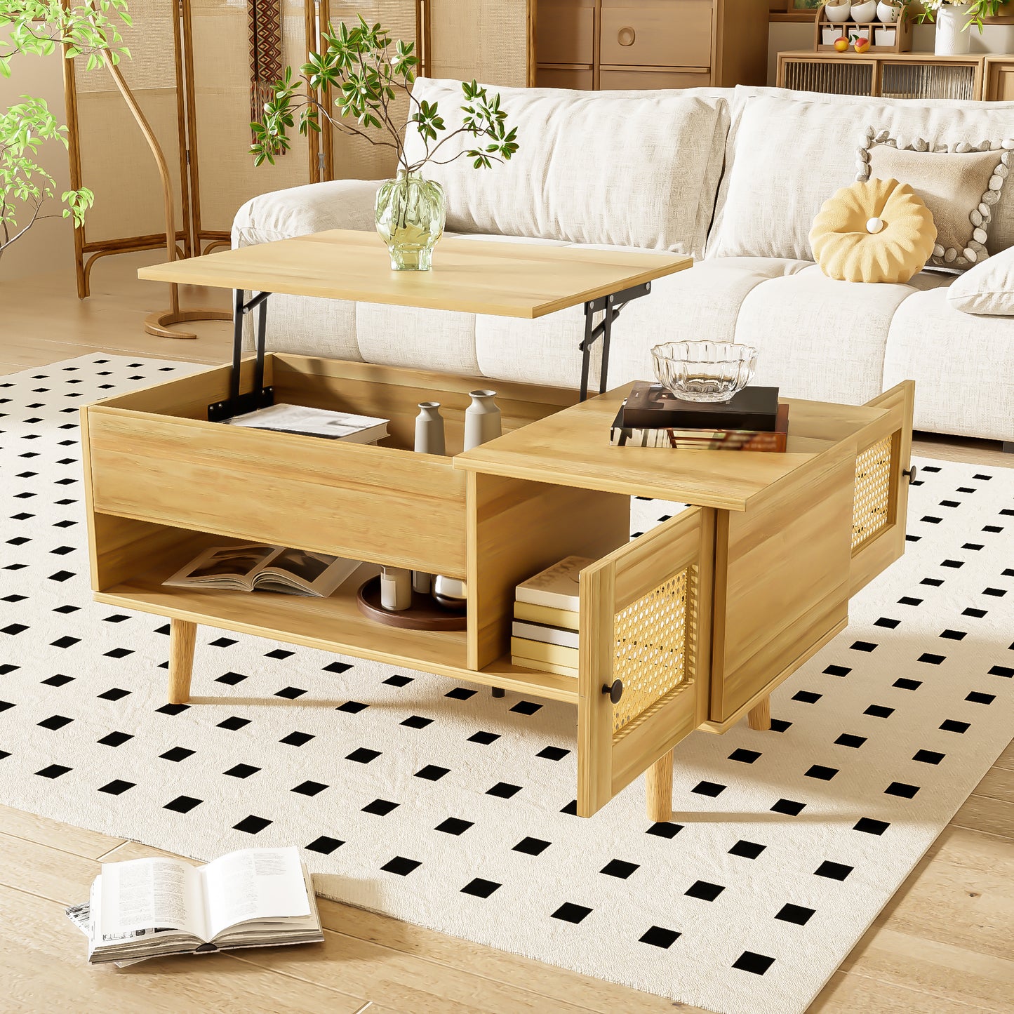 Gigab2b original image - Eleganter Couchtisch mit anhebbarer Tischplatte und Rattan-Türen, Holzfarbe mit schwarzen Akzenten, ideal für das Wohnzimmer – Praktischer Stauraum und funktionales Design