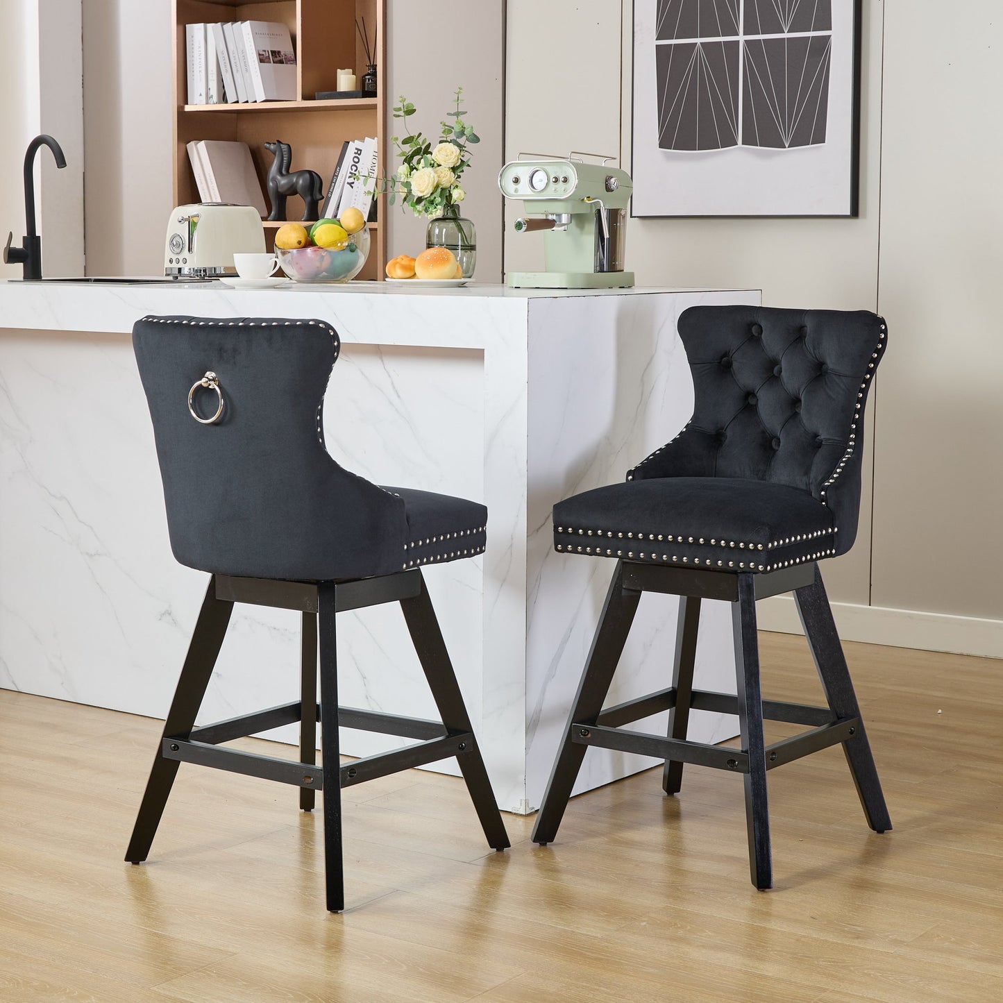 Gigab2b original image - Swivel Velvet Barstools with Button Tufted Decoration and Wooden Legs, and Chrome Nailhead Trim, Leisure Style Bar Chairs,Bar stools, Set of 2 (Black),DE1860BK