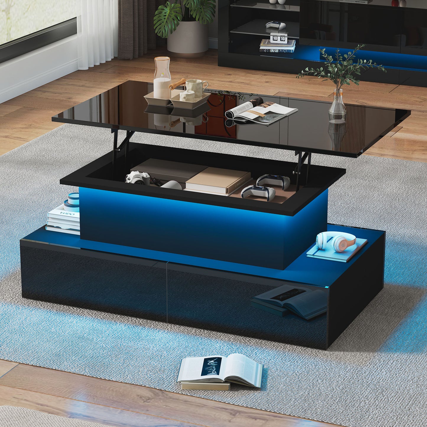 Gigab2b original image - Moderner schwarzer Hochglanz-Couchtisch mit LED-Beleuchtung und 4 Schubladen - Stilvoller Beistelltisch 90x55x41 cm mit Stauraum für bis zu 30 kg