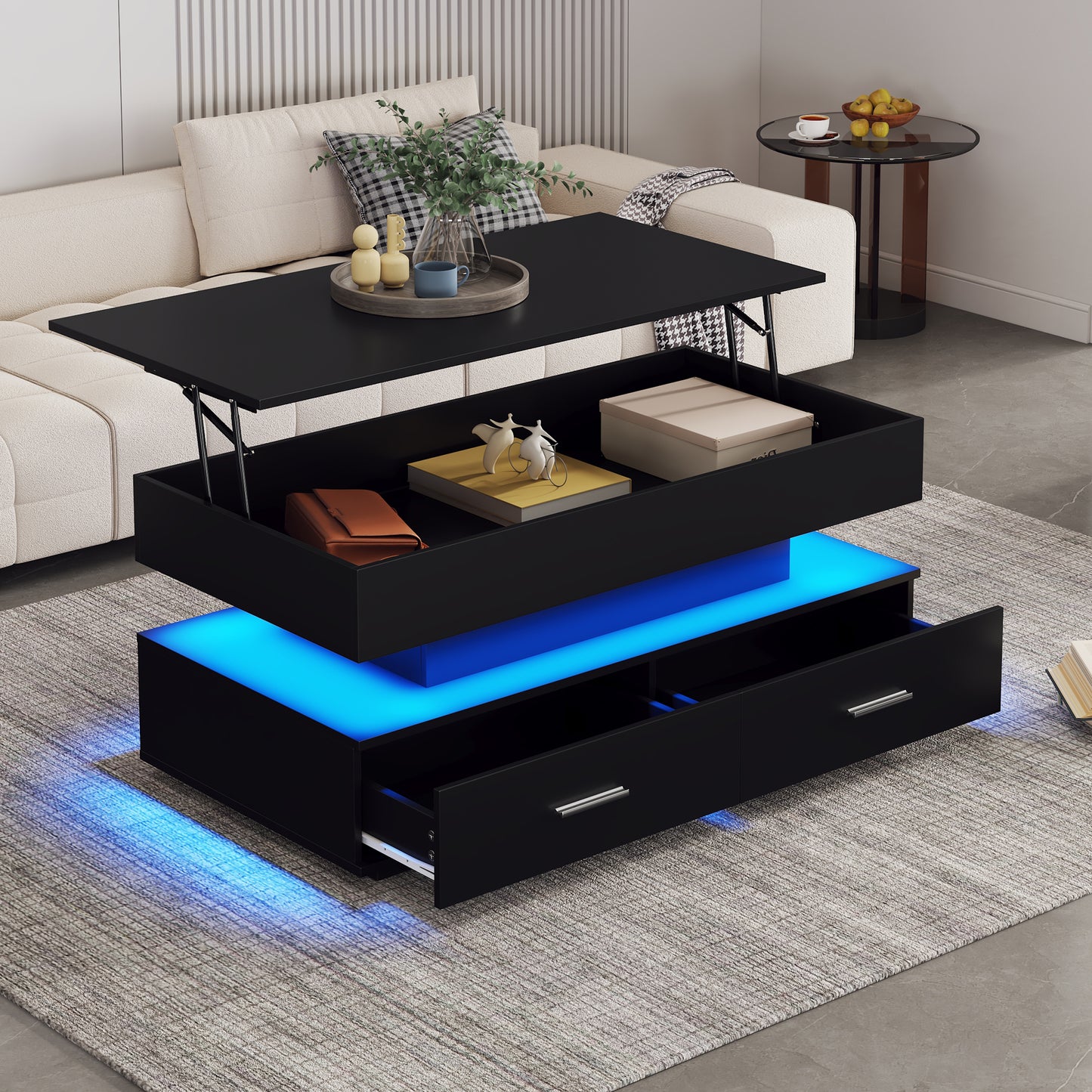 100*50*44cm hydraulisch höhenverstellbarer Couchtisch, mit LED-Beleuchtung, Bluetooth-APP-Steuerung, 2 Schubladen und offenem Stauraum,Schwarzer hebbarer Couchtisch
