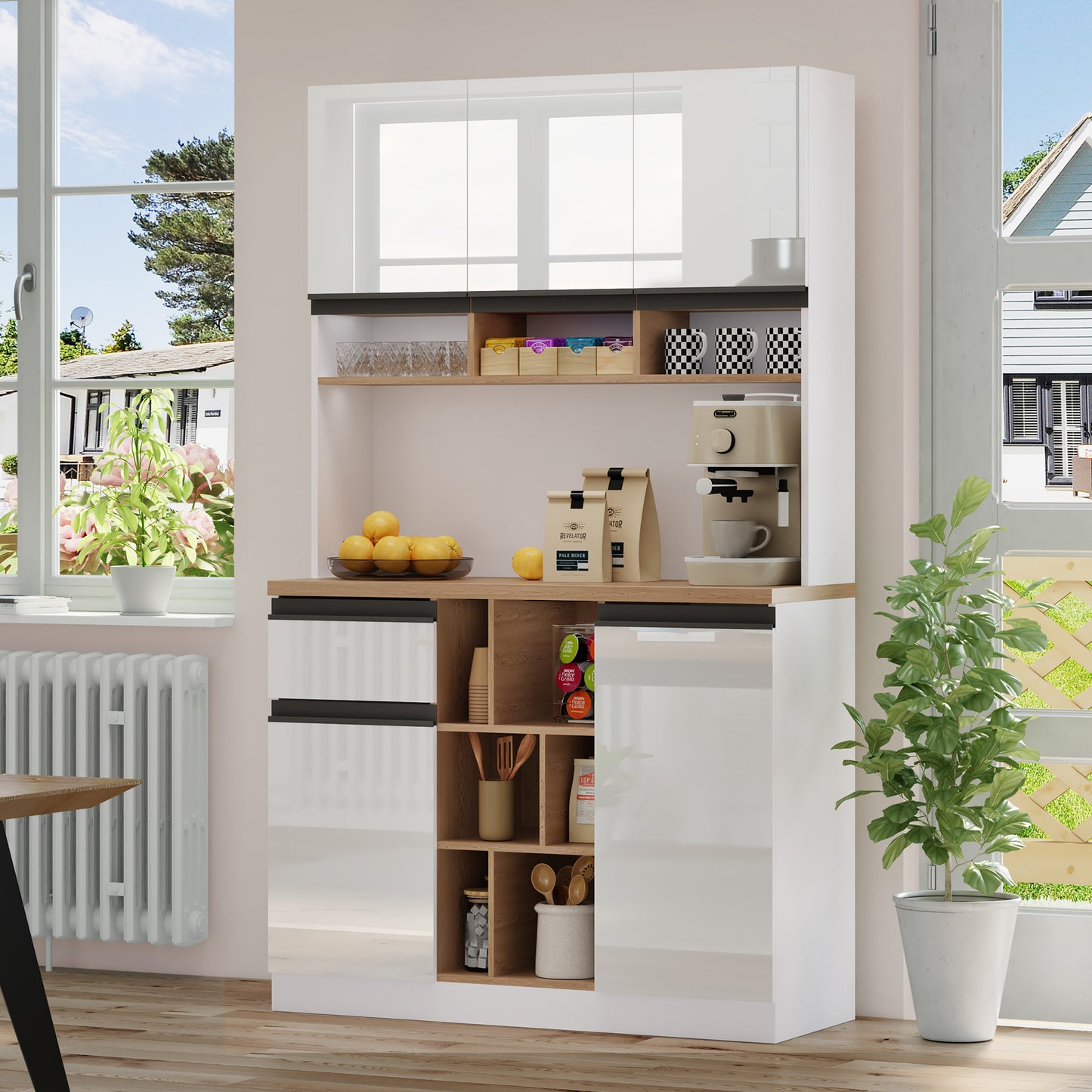 105×45×185 cm,weißer moderner Küchenschrank,Buffet,Sideboard,Hochglanztüren,Metallgriffe,verstellbare Regale,Schubladen,offener Stauraum,Kippschutz,geeignet für Küche,Esszimmer und Wohnzimmer