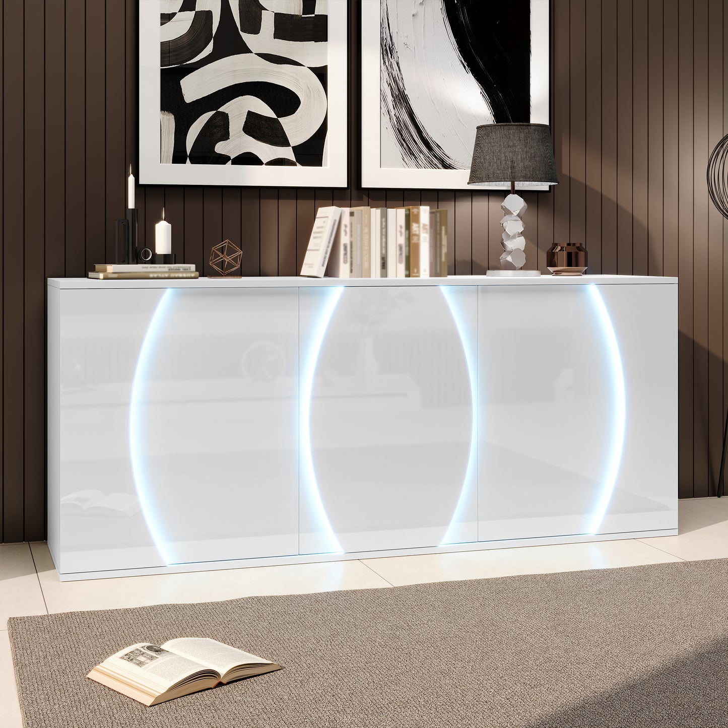 150 x 40 x 70 cm, Wohnzimmer-Sideboard,Hochglänzender Wohnzimmerschrank mit drei Türen,Aufbewahrungsschränke mit LED-Türen,Design-Schranktüren, weiß, Spanplatte.150 cm Breite