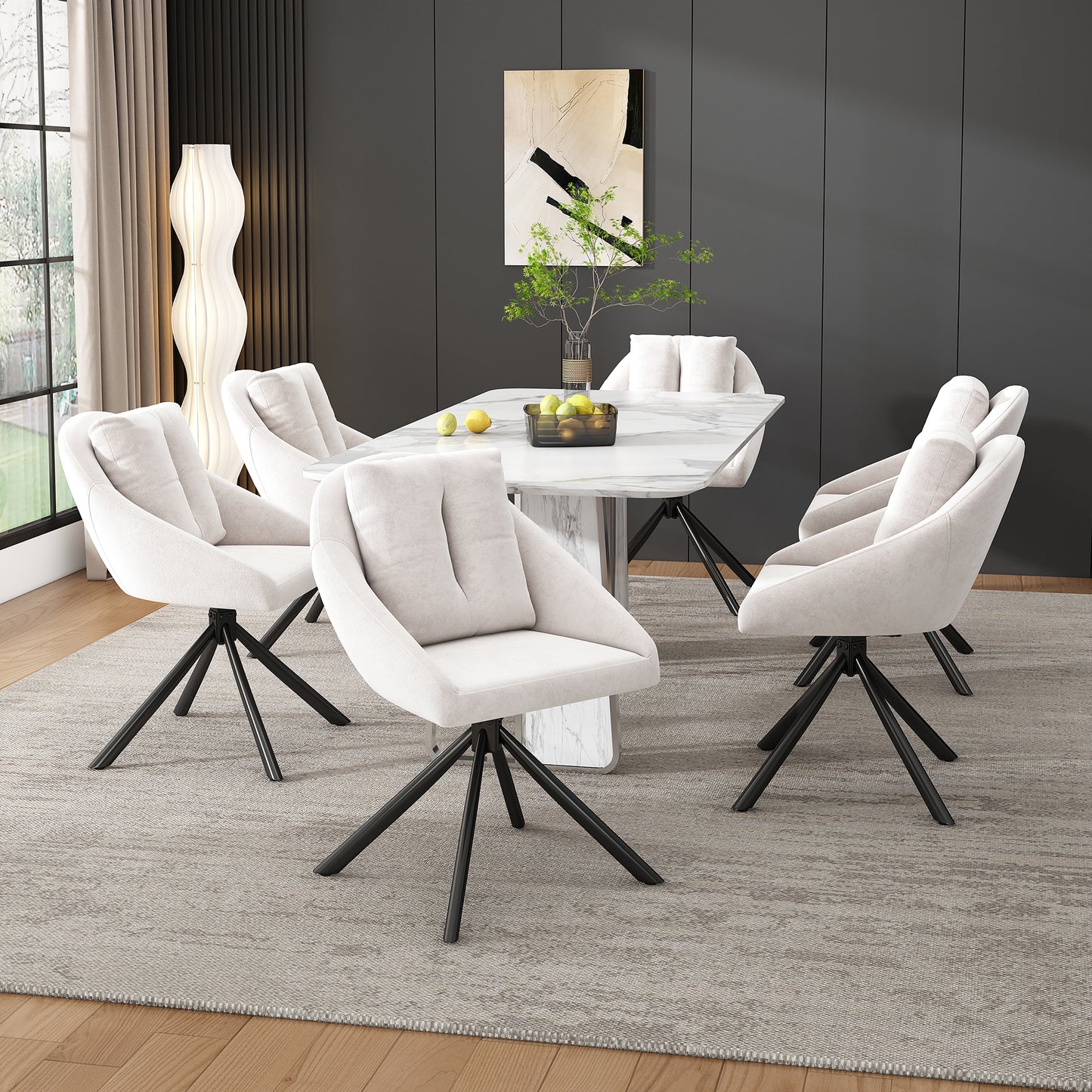 Gigab2b original image - Moderner beiger Samtstuhl, stilvoller und bequemer drehbarer Esszimmerstuhl, atmungsaktiver Samtstoff, ergonomisches Design, eleganter grauer Drehstuhl-Sechs Stühle