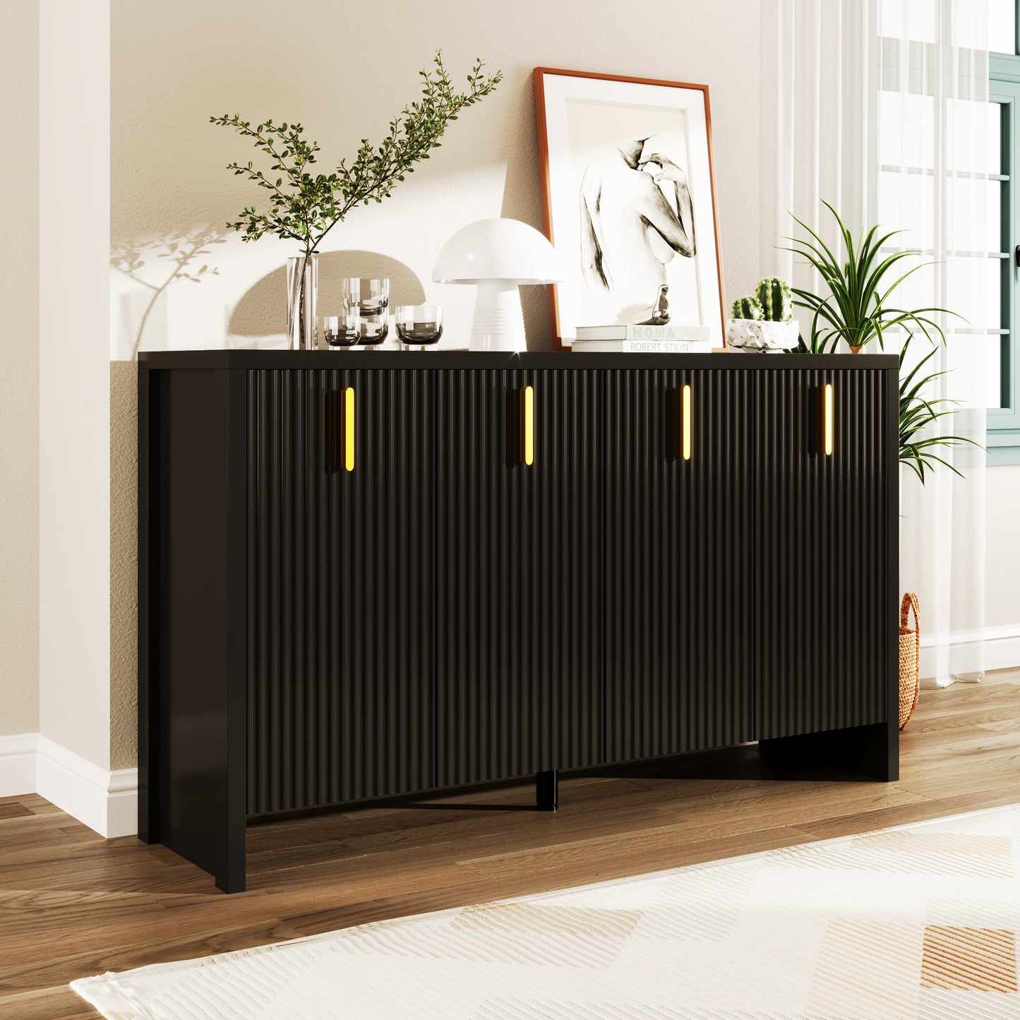 Gigab2b original image - Modernes, minimalistisches schwarzes Sideboard: Die perfekte Kombination aus flexibler Aufbewahrung und elegantem Design. Das Sideboard verfügt über goldene Griffe und verstellbare Trennwände