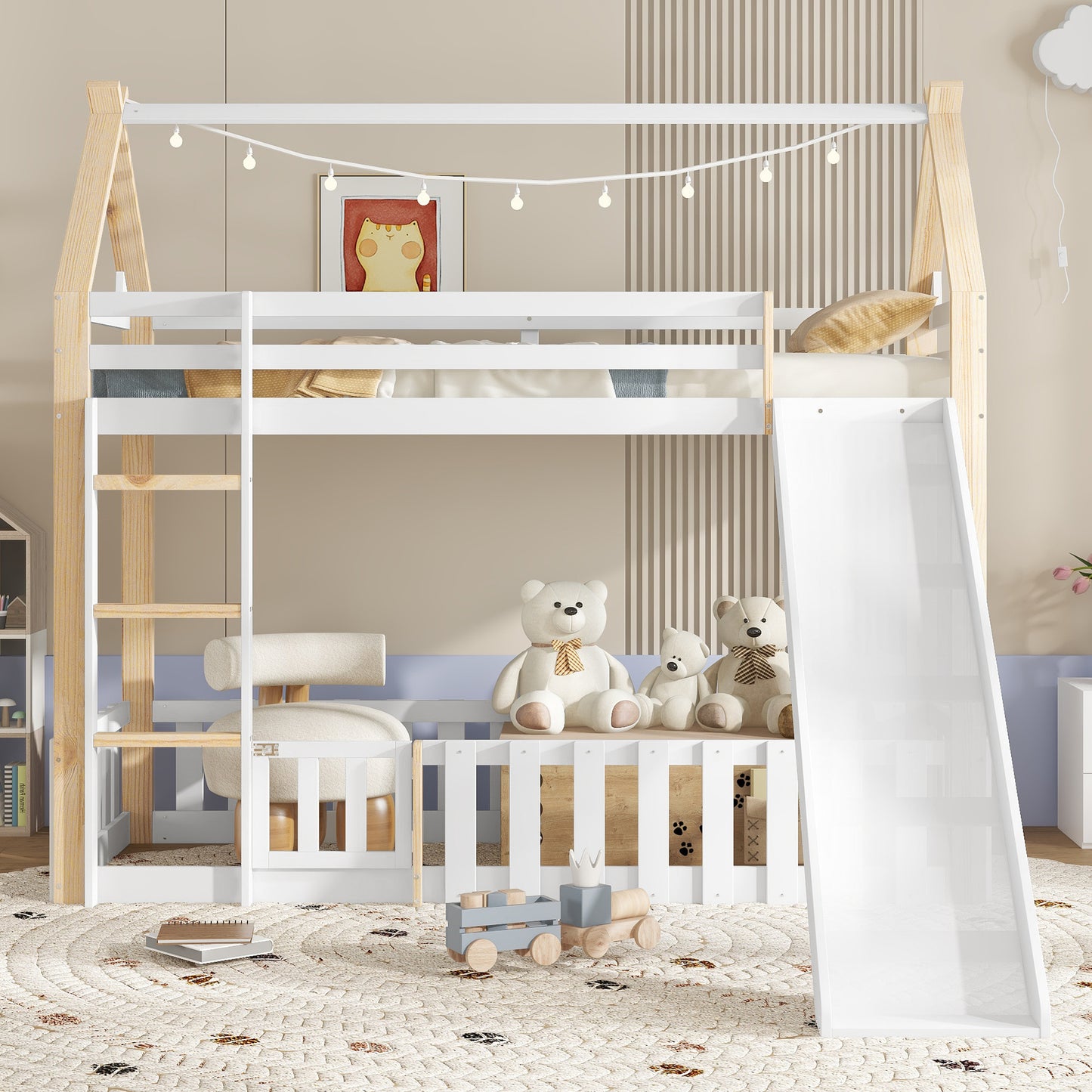Gigab2b original image - Etagenbett, Kinderbett, Exquisite Dachform, Mit Lustige Kinderrutsche, Freier Raum mit Zaun, Stabile Lattenroste und Leiter, Kiefer + MDF + Sperrholz, Weiß+Natur, 90x200cm