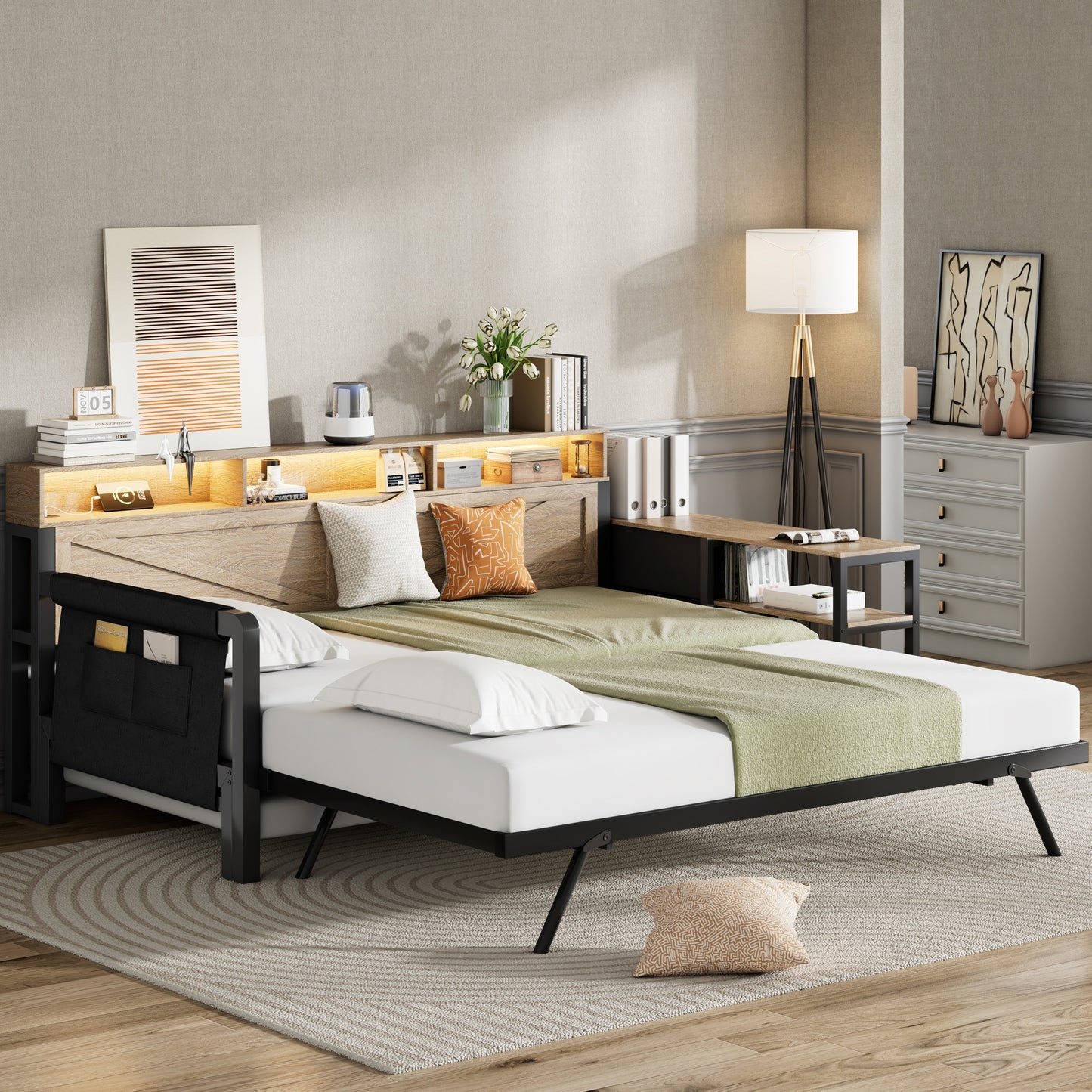 Gigab2b original image - Metall-Schlafsofa, 90 x 200 cm, mit verstellbarem Ausziehbett, Stauschrank, 3 Schubladen, Staufächern, LED-Beleuchtung und USB-Anschluss, schwarz.