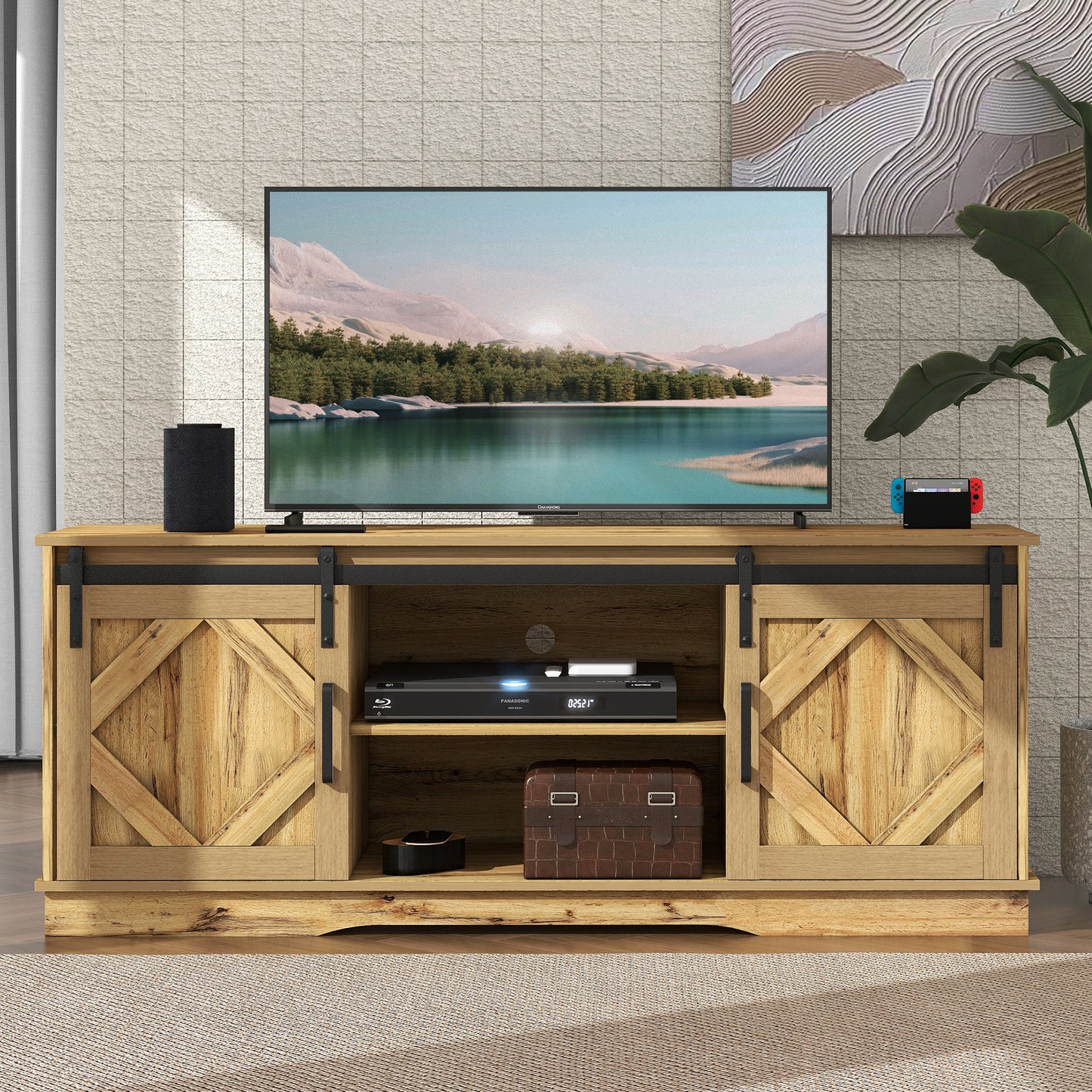 Gigab2b original image - Großer TV-Schrank TV Stand Sideboard Entertainment Center mit 2 klassischen Schiebetüren Einstellbare Regale für Wohnzimmer Esszimmer Landhaus Modernes Design 150*40*60cm,vintage Braun
