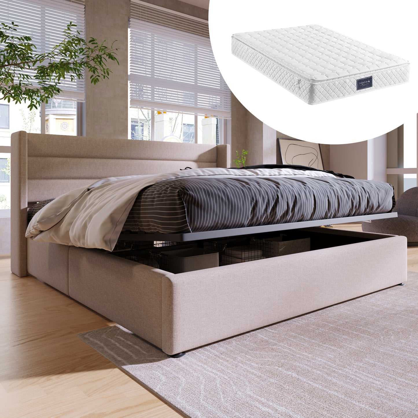 Gigab2b original image - Stauraumbett Polsterbett Hydraulisch Doppelbett 140x200cm, Inklusive Matratze, Lattenrost aus Holz, Bett mit Lattenrost aus Metallrahmen, Leinen, Beige