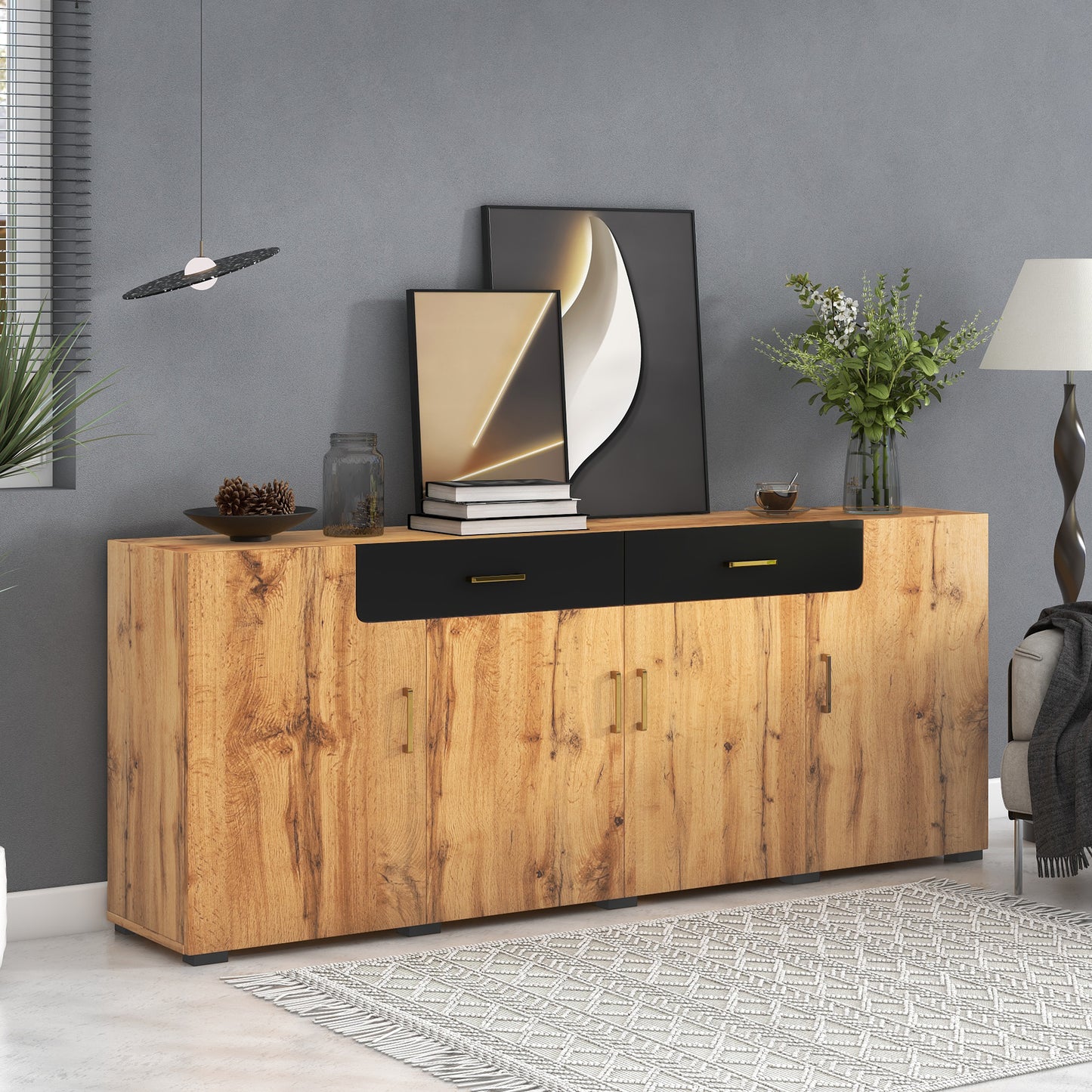 Gigab2b original image - Sideboard, Küchenschrank, Aufbewahrungsschrank , 208 x 39.5 x 80 cm, Kommode mit 4 Türen, 2 Schubkästen, Buffets