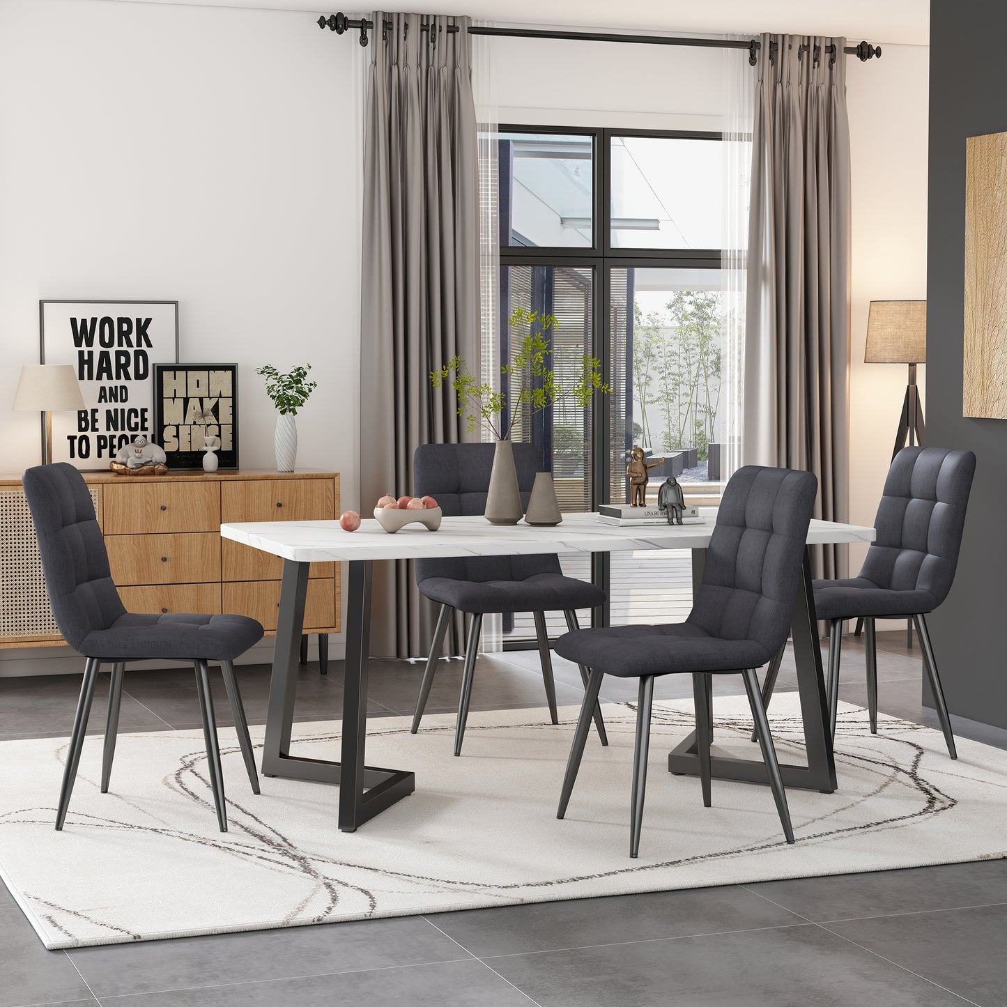 117cm Esstisch mit 4 Stühlen Set, Rechteckiger Esstisch Moderner Küchentisch Set ,Dunkelgrauer Leinen Esszimmerstuhl,Schwarze Tischbeine