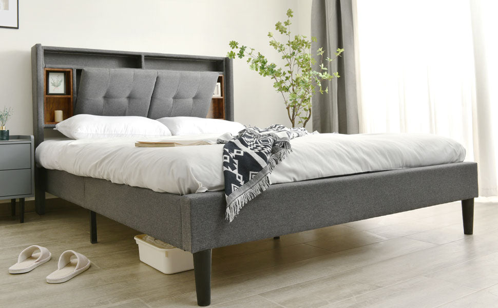(=067980AAG)Polsterbett Doppelbett Stauraum-Kopfteil Bett mit aufladen USB und LED-Beleuchtung Bettgestell Lattenrost aus Holz,160*200CM Grau(Ohne Matratze)