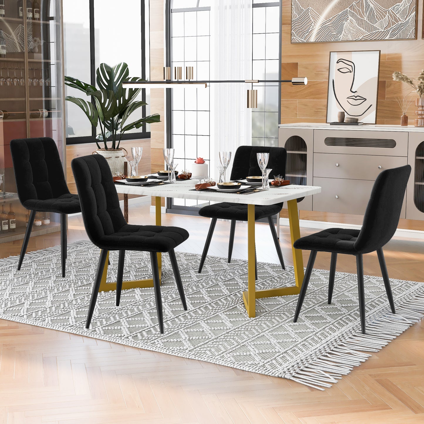 117cm Esstisch mit 4 Stühlen Set, Rechteckiger Esstisch Moderner Küchentisch Set ,Esszimmerstuhl Schwarz Samt Küchenstuhl,Golden Tischbeine