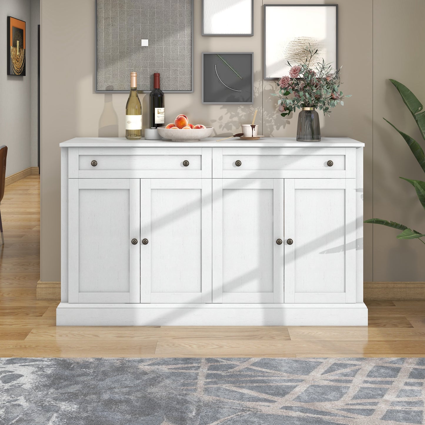 Gigab2b original image - Großes Sideboard mit 4 Türen und 2 Schubladen, moderner Buffetschrank für Esszimmer und Wohnzimmer, 150 x 40 x 86 cm (L/B/H) – (Antikweiß)