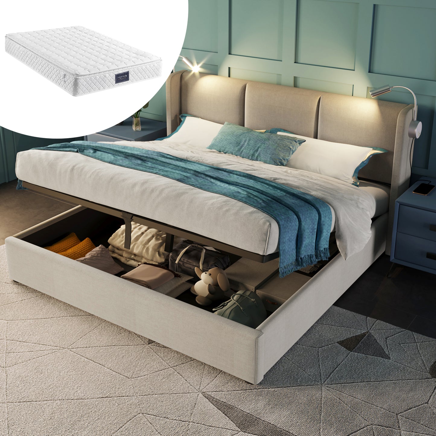 Gigab2b original image - Polsterbett Doppelbett Stauraum Bettkasten Leselicht mit USB Ladefunktion Kopfteil,Stauraumbetten Bettgestell aus Leinenmaterial Jugendbett 160x200 mit lattenrost(Mit Matratze)