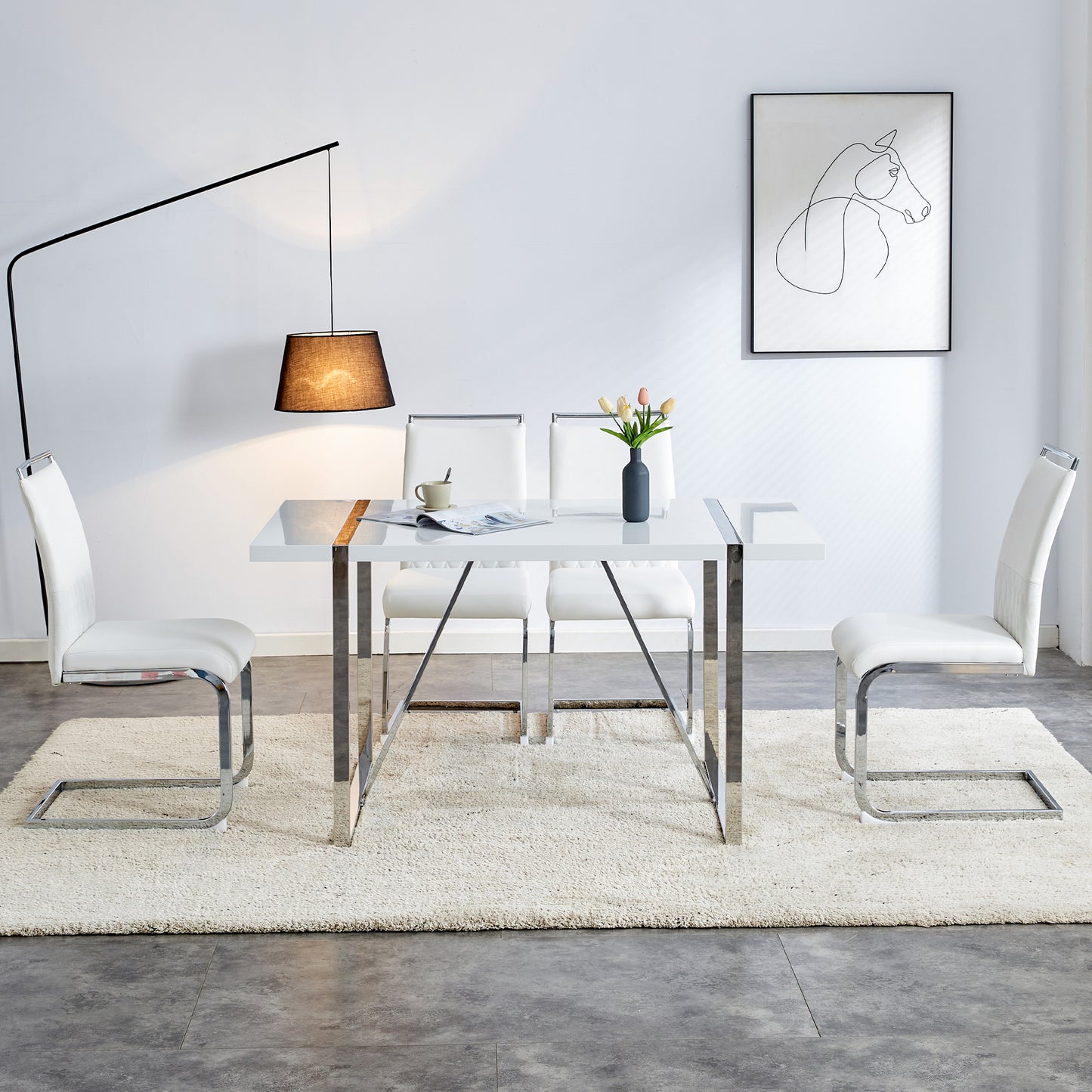 Gigab2b original image - Moderne Esszimmerstühle 2er Set, Rückenlehne aus PU Kunstleder und Leinen, hoher Rücken gepolstert Side Chair, Querstreifen Rückenlehne Design für Esszimmer, Küche, Gast Bürostuhl, Weiß