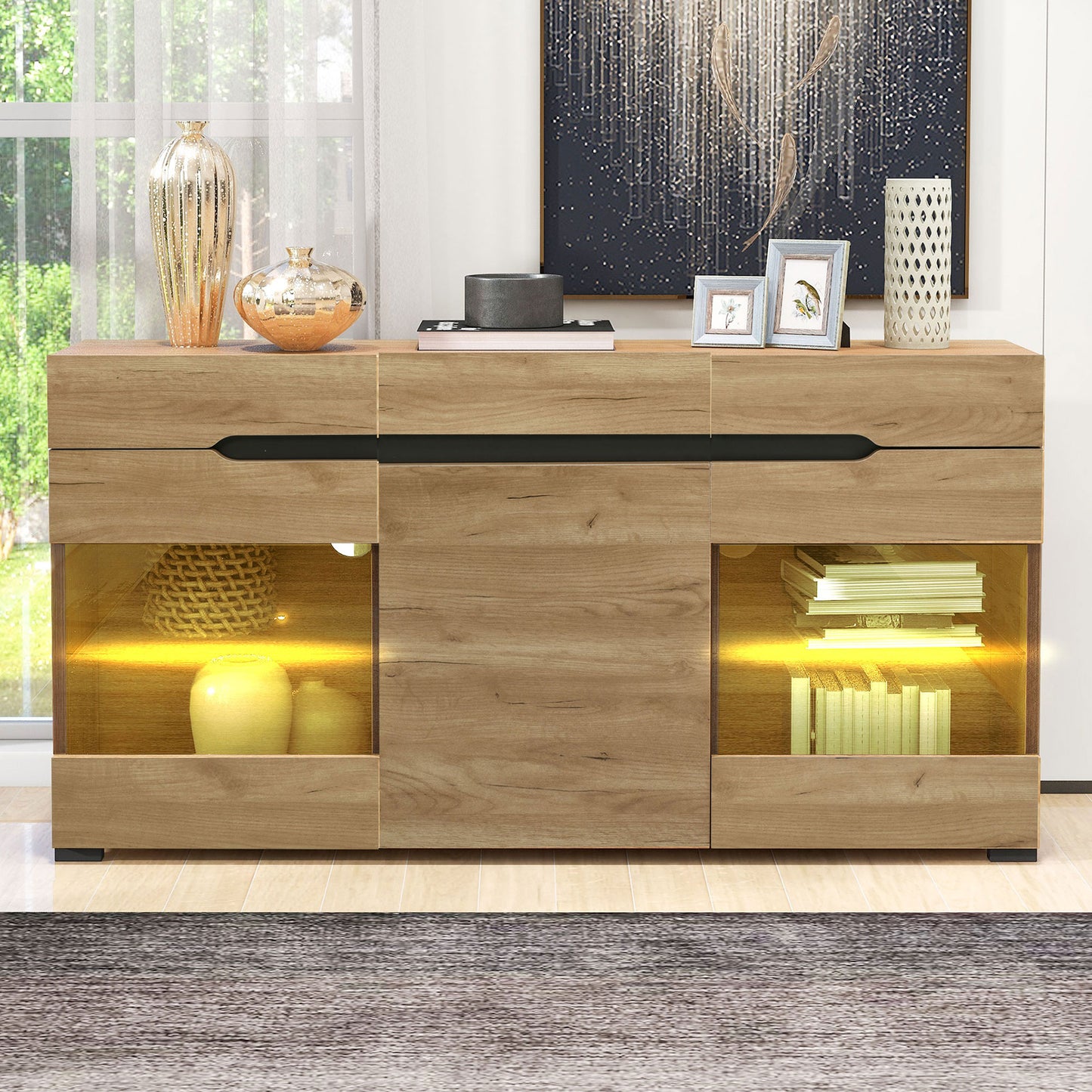 =306354355BAA LED Sideboard Schrank Modern Wohnzimmer Anrichte Möbel 3 Türen 3 Schubladen Moderne Kommode mit viel Stauraum für Ihren Wohnbereich