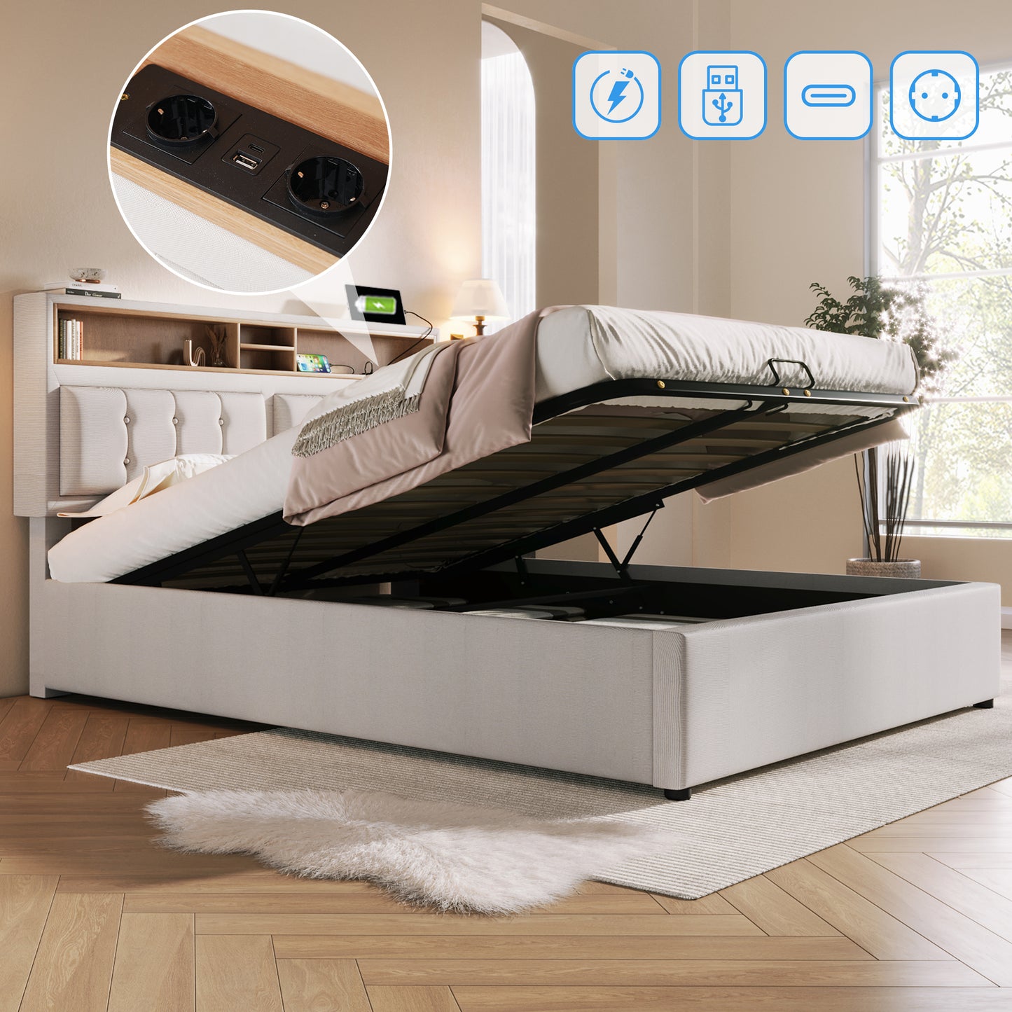 Gigab2b original image - Polsterbett Doppelbett mit USB C Steckdose Ladefunktion Kopfteil,Stauraumbetten Bettgestell aus Leinenmaterial Jugendbett 140x200 mit lattenrost(Ohne Matratze)