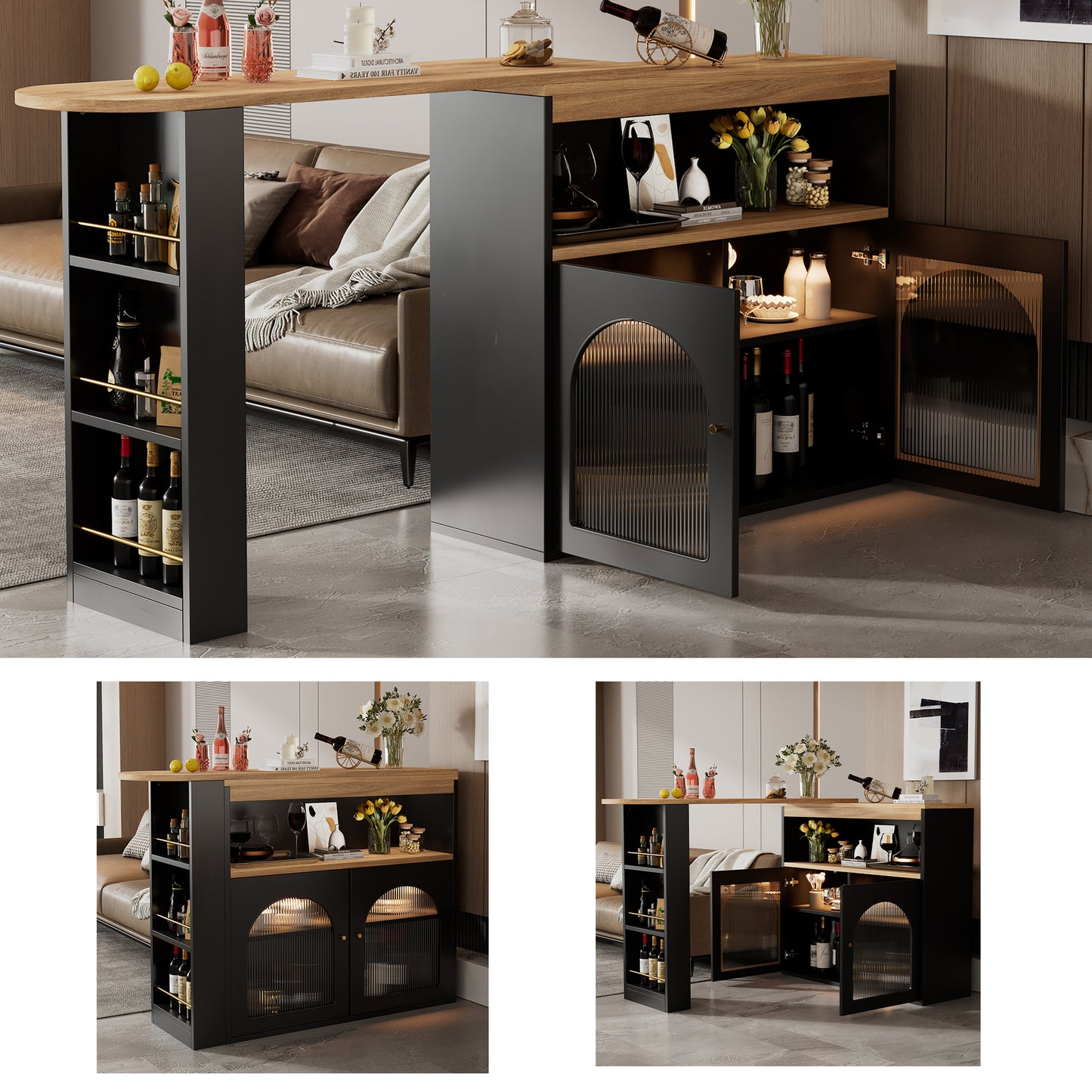 138-193X39X105CM Moderner ausziehbarer Bartisch ,Ausziehbarer Esstisch mit Stauraum , Stehtisch Bistrotisch, drehbar, für Esszimmer,Mit 1m langem LED Lichtstreifen(Einstellbare Lichtfarbe),Schwarz