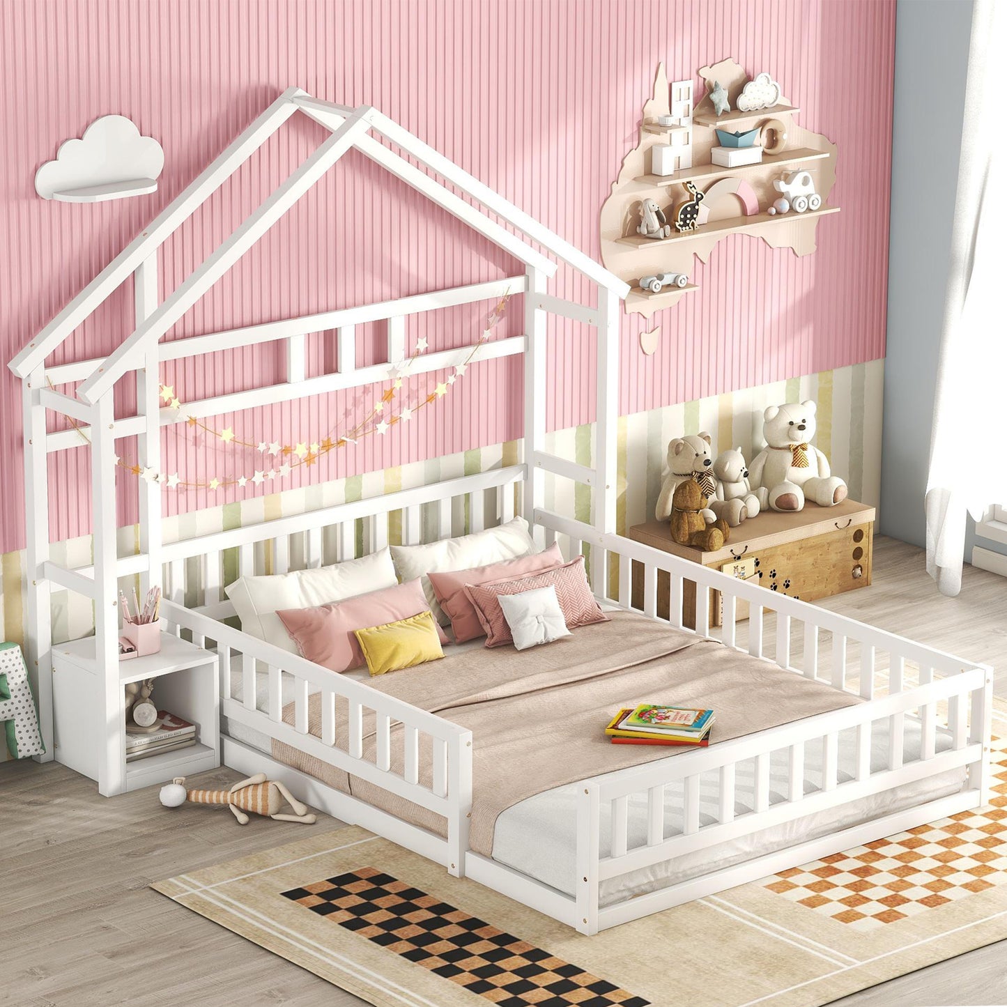 140 x 200cm Kinderbetten, Flachbetten, Hausbetten mit Geländer, Kinderbetten mit Nachttischen, Weiß