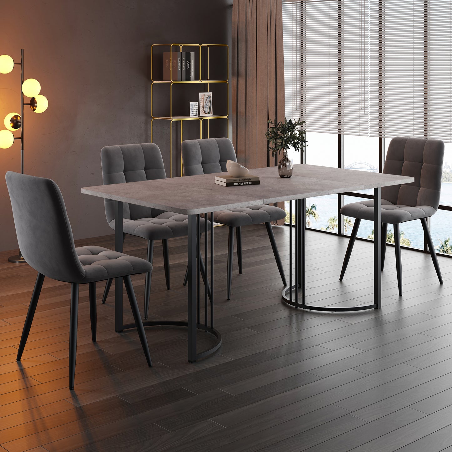 Gigab2b original image - Essgruppe (5-tlg),Esstisch mit 4 Stühlen Set, Moderner Küchentisch Set , 140×80cm Küchentisch mit Schwarz Metallbeinen, MDF Tischplatte in Grau,Dunkelgrau Samt Esszimmerstühle