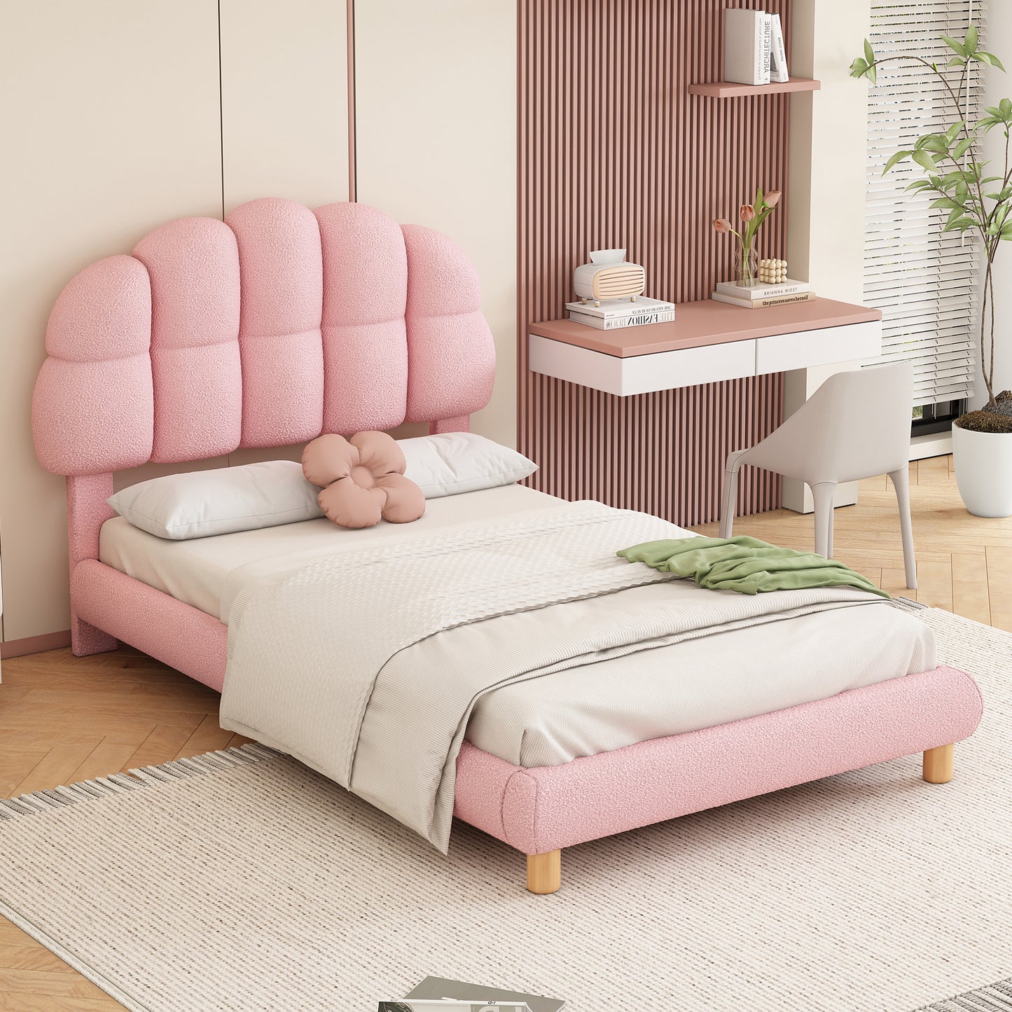 90x200cm Einzelbett, Kinderbett, Jugendbett, Polsterbett, Holzlattenrost, Vliesimitat, Rosa