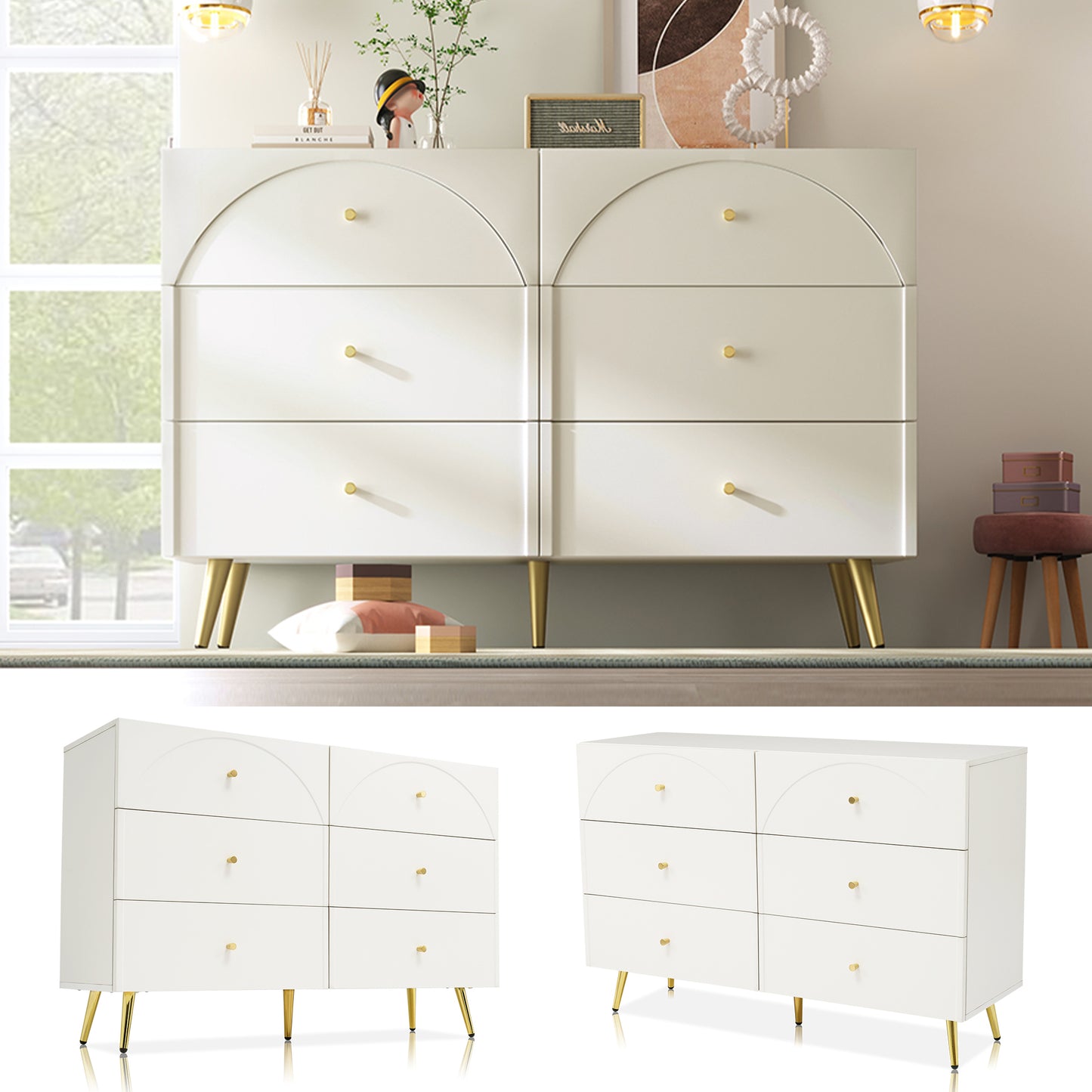 Gigab2b original image - Schubladenkommode Kommode mit 6 Schubladen, Weiß Sideboard Highboard für Schlafzimmer & alle Wohnräume , Creme-Weiß -H85/B120/T40 cm