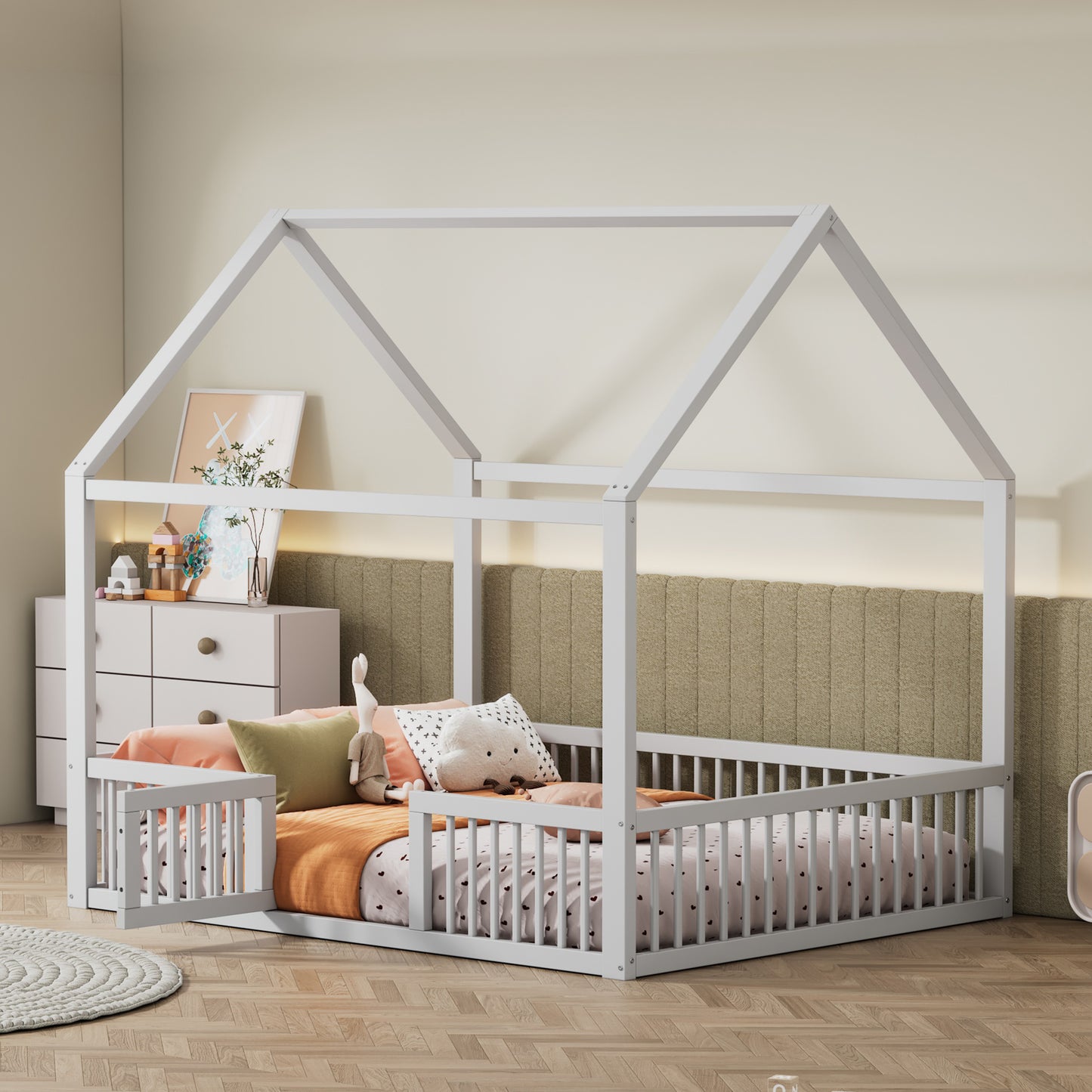 140*200cm Massivholzbett, Doppelbett, Flachbett, Hausbett, Hausbett mit Türchen, weiß