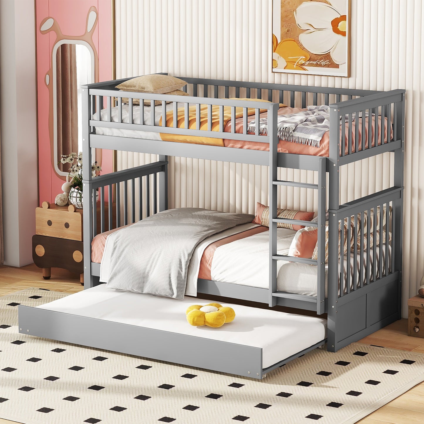 90*200cm Etagenbetten Kinderbetten Dreierbetten Etagenbetten mit Ausziehbett Hohe Geländer Stabile Treppe Grau