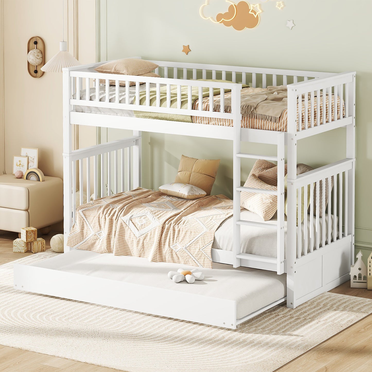 90*200cm Etagenbetten Kinderbetten Dreierbetten Etagenbetten mit Ausziehbett Hohe Geländer Stabile Treppe Weiß