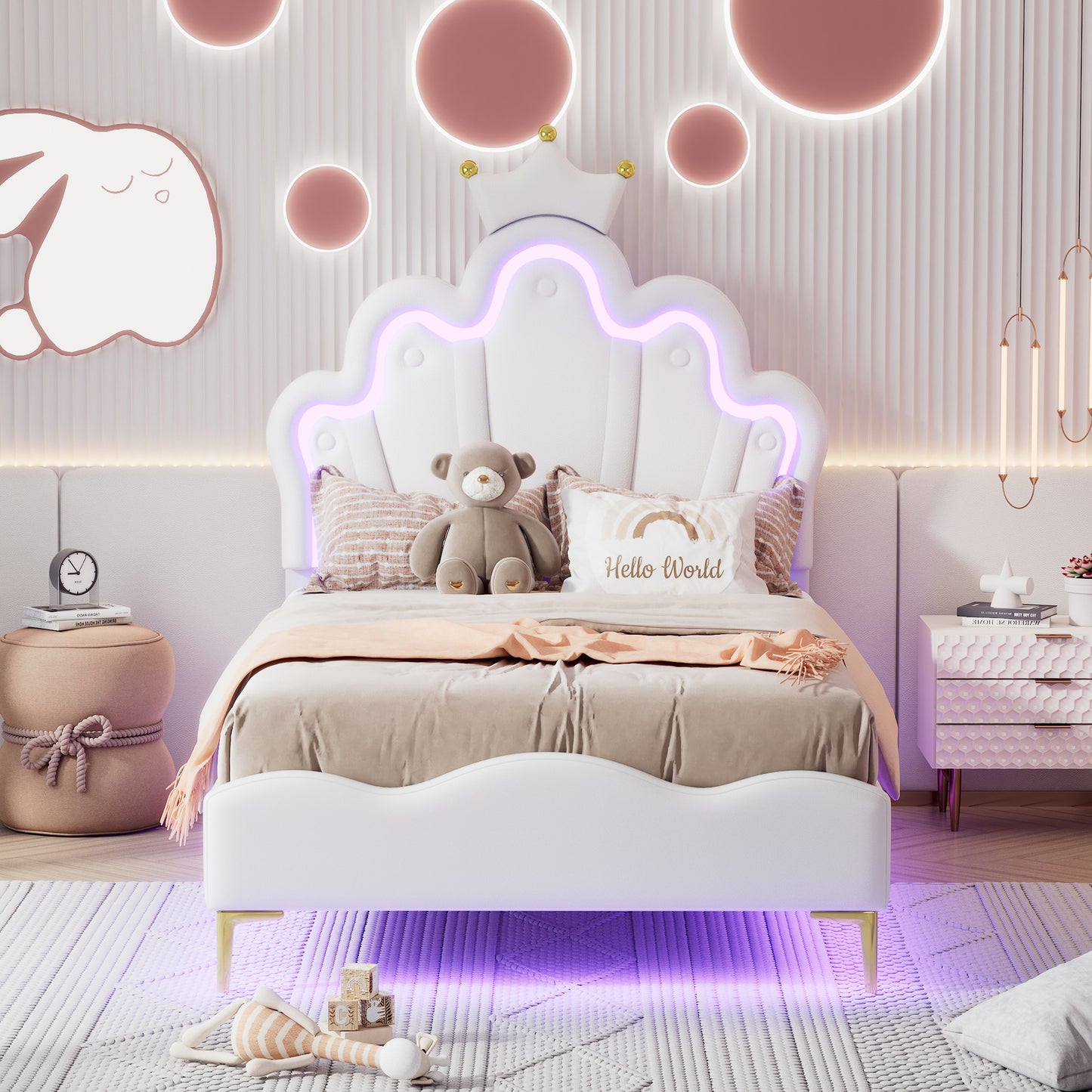 90*200cm Flaches Doppelbett, kronenförmiges Prinzessinnenbett, weiche Polsterung aus PU-Leder, verstellbarer LED-Umgebungslichtstreifen, weiß