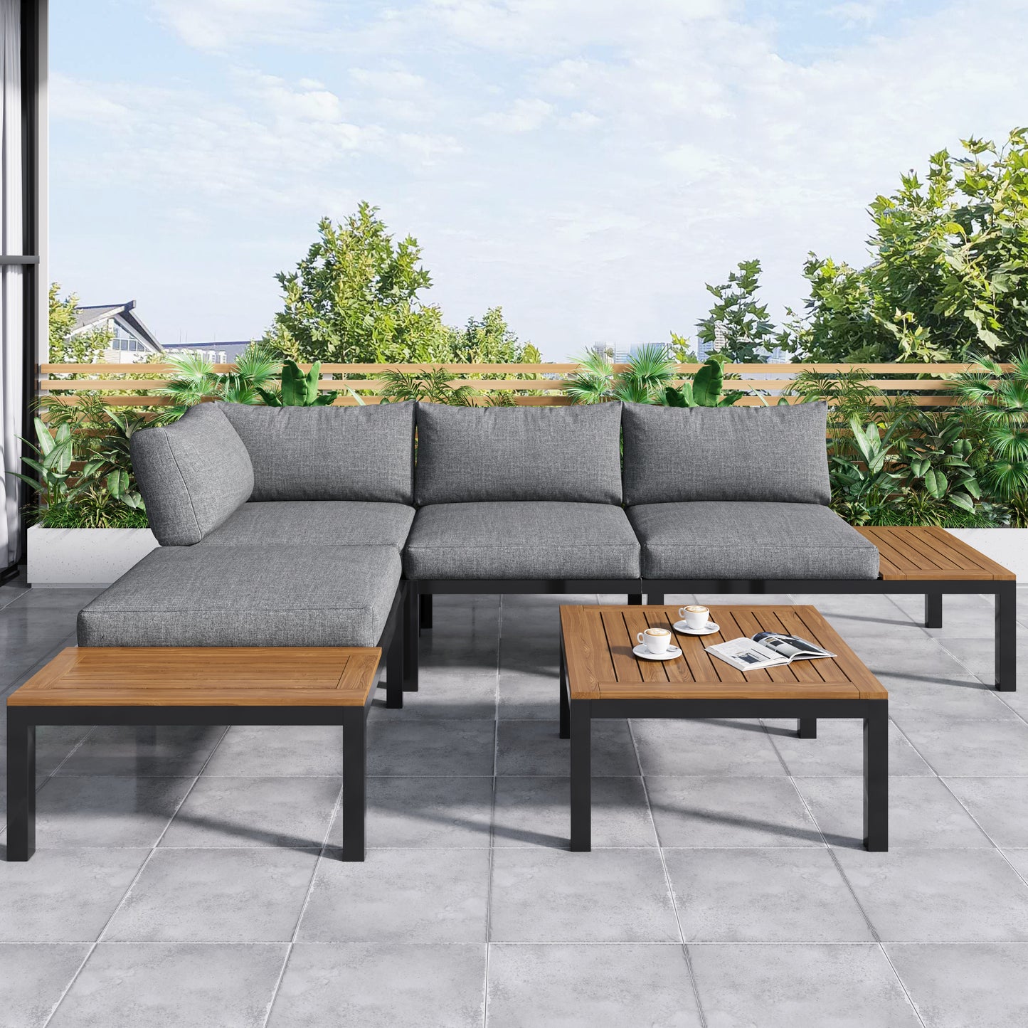 Gigab2b original image - Garten-Lounge-Set (2 Zweisitzer, 2 Beistelltische, 1 Tisch), Tischplatte aus massiver Akazie, Stoffbezug für Rückenlehne, grau(previous sku:HW00005AAE)