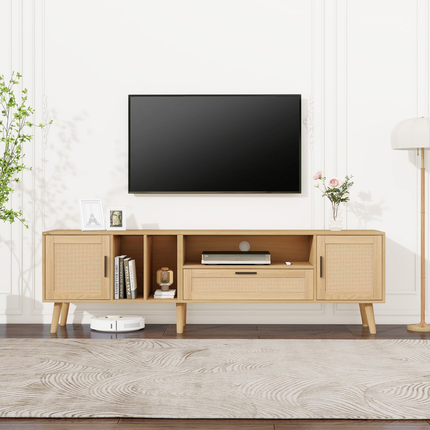 Gigab2b original image - Geräumiger 180-cm-TV-Schrank mit Rattan-Dekoration, 2 Türen und einer Schublade, Beine aus Massivholz, bietet Platz für einen 80-Zoll-Fernseher, TV-Aufbewahrungsschrank, TV-Schrank