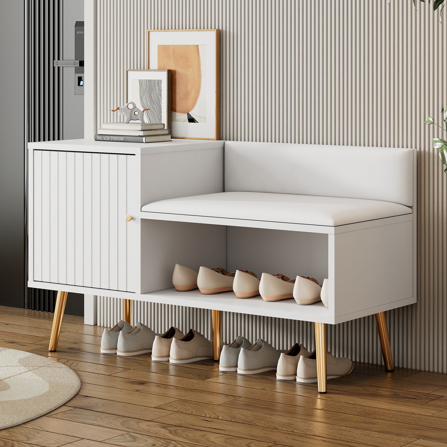 Gigab2b original image - Moderne luxuriöse Schuhtruhe in Weiß mit Stauraum, gepolsterter Sitzbank und Rückenlehne - Schuhregal mit Metallgriffen und Metallbeinen - Perfekt für den Eingangsbereich - Maße: B100/T40/H58 cm