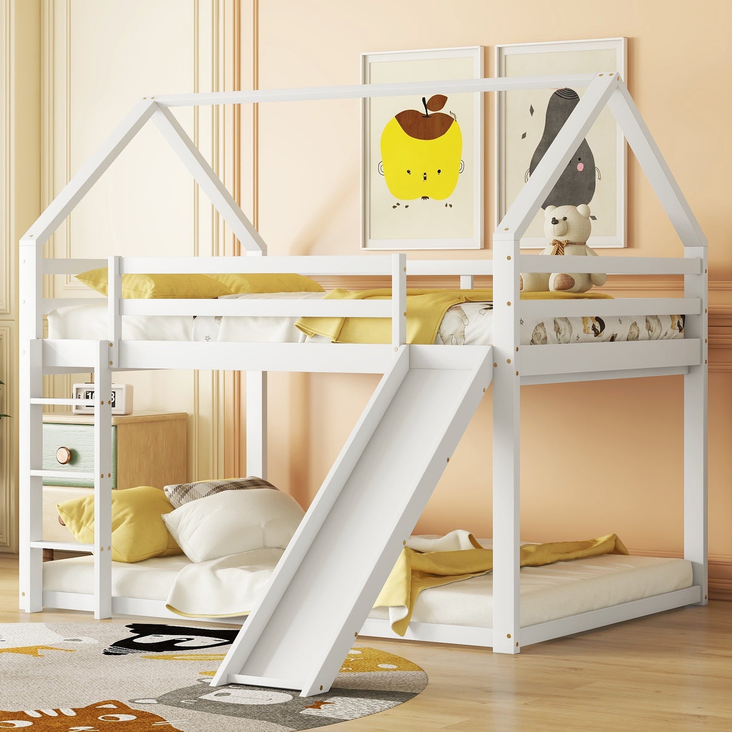 Gigab2b original image - Doppelbett Kinderbett Hausbett Etagenbett mit Rutsche und Leiter, Kinderzimmer Hoch-Doppel-Stockbett, Weiß, 140x200cm