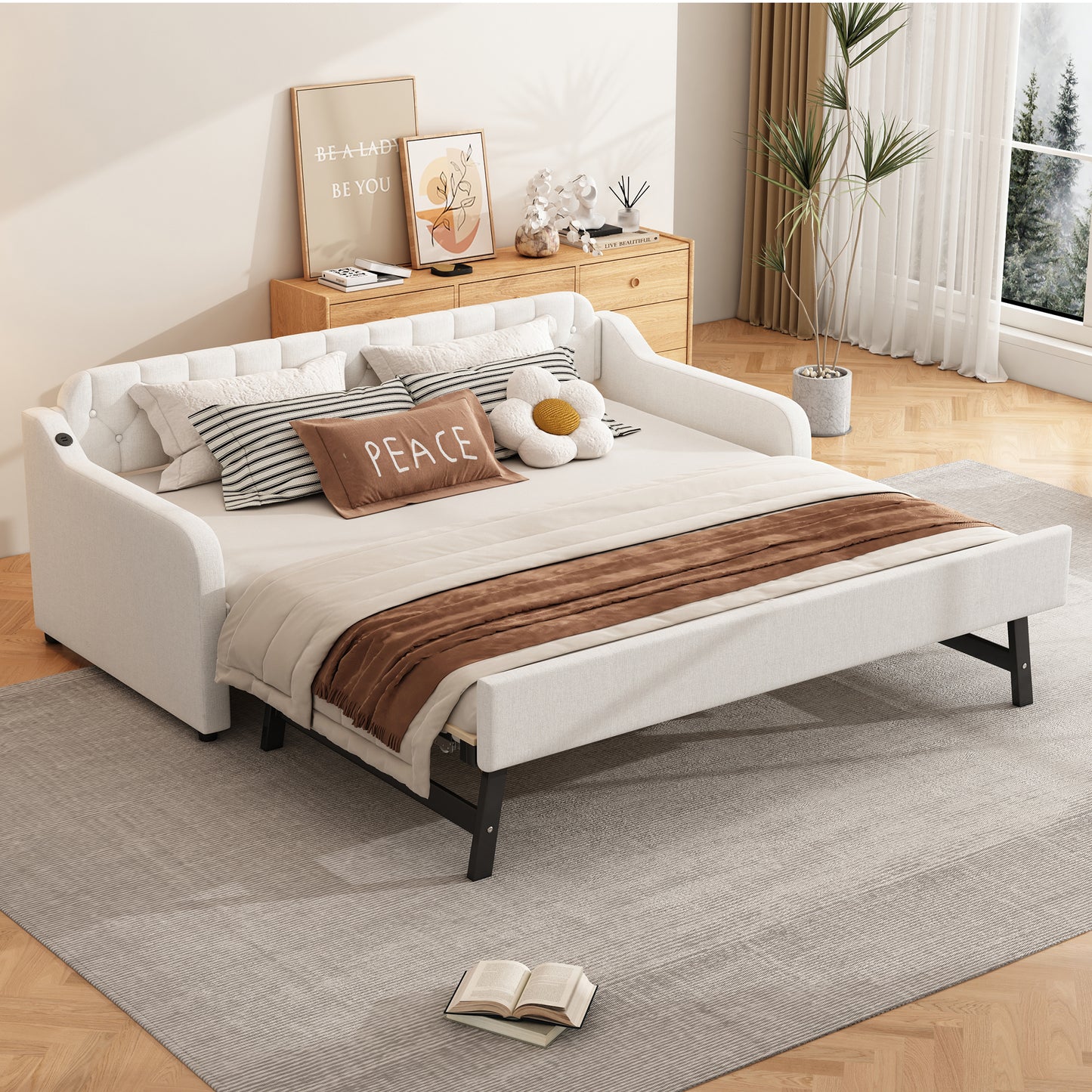 90*200cm Schlafsofa, Tagesbett, mit ausziehbares Rollbett, USB-Anschluss, beige