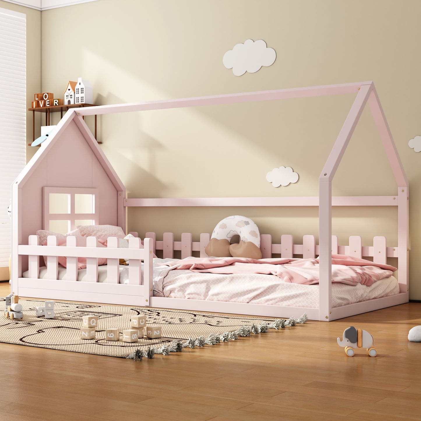 90*200cm Flachbett, Kinderbett, Hausleiste, Rosa