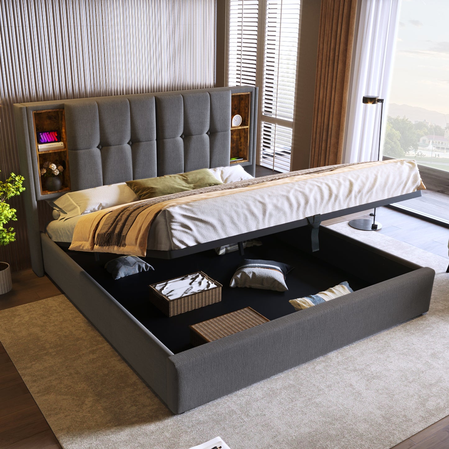 Gigab2b original image - Doppelbett mit Kabellosem Laden USB C, Polsterbett Bettgestell 160x200cm,Bettgestell mit Stauraum Lattenrost aus Holz-Grau Baumwolle (Ohne Matratze)