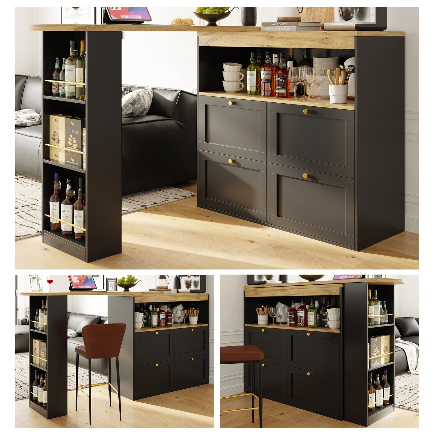 Gigab2b original image - Um 360° drehbarer Bartisch (Hauptkörper 105 x 39 x 102 cm), mit 4 Schubladen und offenen Ablagen, geeignet für Esszimmer/Arbeitszimmer/Wohnzimmer usw