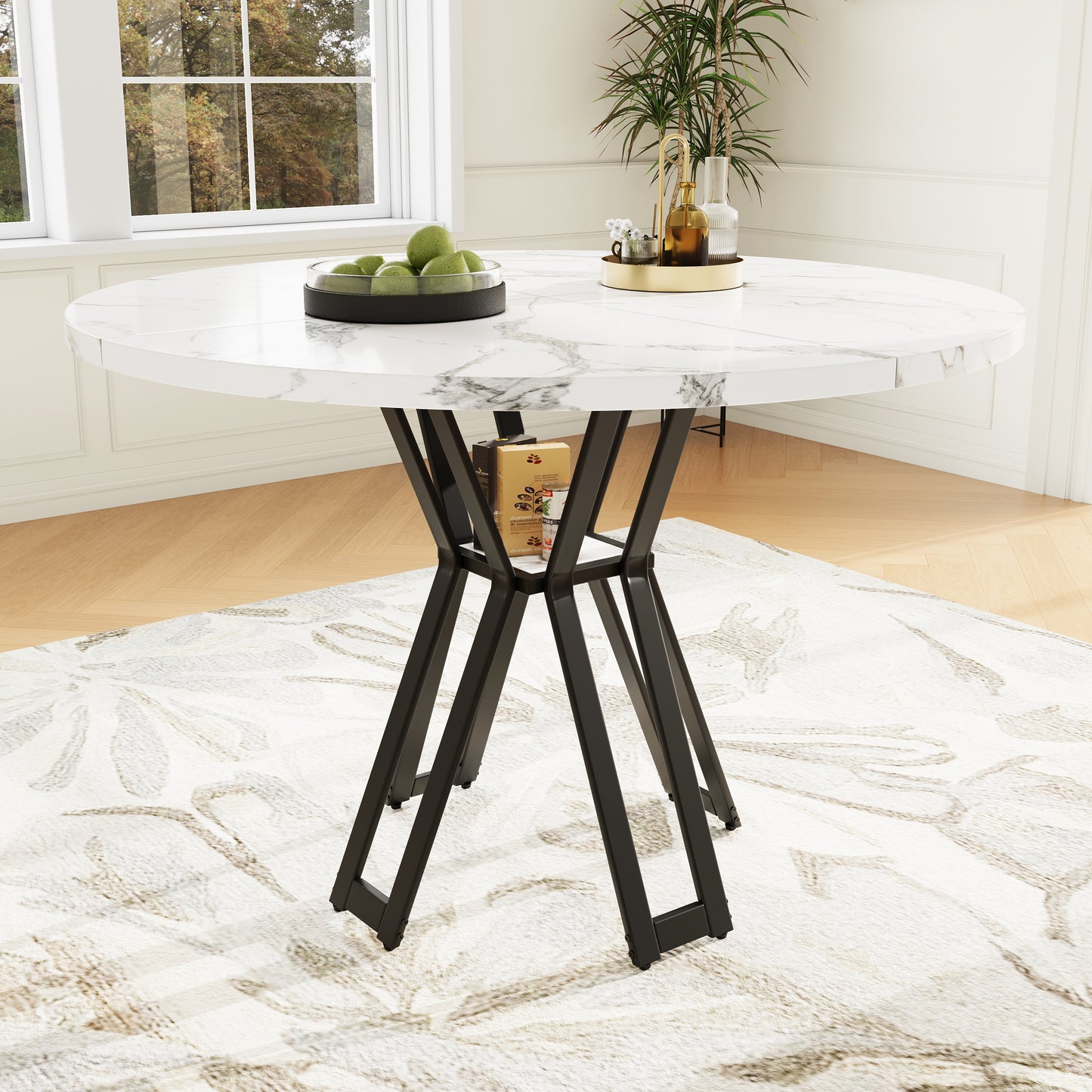 Gigab2b original image - Runder Esstisch (100 x 100 x 76 cm), leichter und luxuriöser runder Tisch für 4-6 Personen, geeignet für Esszimmer und Wohnzimmer, schwarze Beine, marmorierte MDF Tischplatte