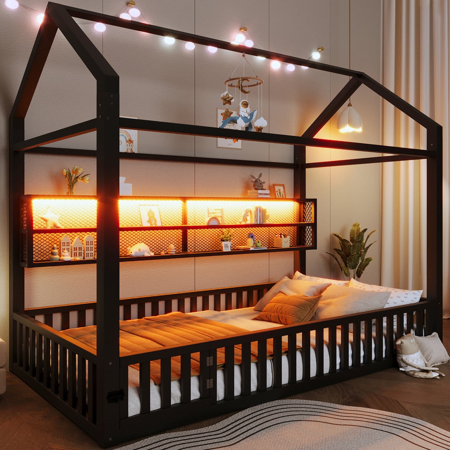90x200 Hausförmiges Plattformbett mit Zaun und LED-Beleuchtung, Schwarz