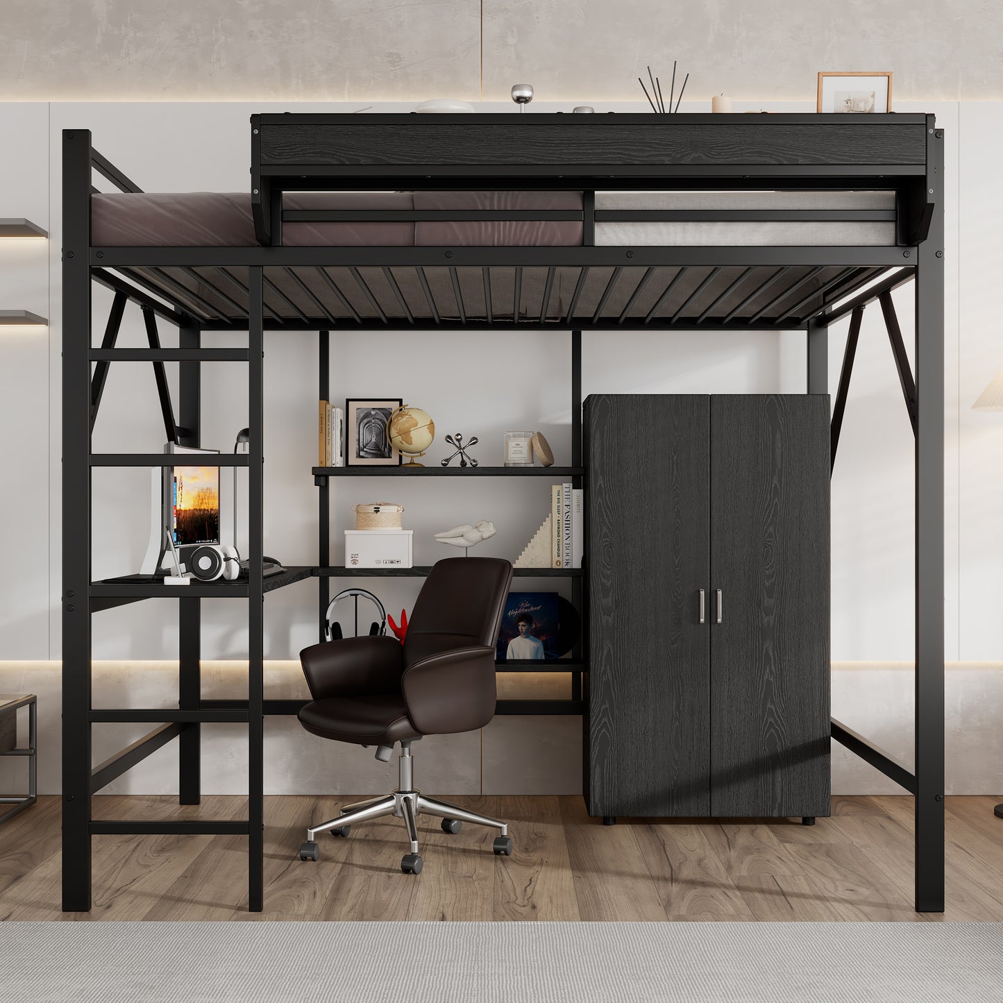 Gigab2b original image - Eisenbett, Hochbett, Doppelstöckiger Stauraum unter dem Schreibtisch, Oberes Bett mit Stauraum, Mit Kleiderschrank, Eisen + MDF , Schwarz, 140x200cm