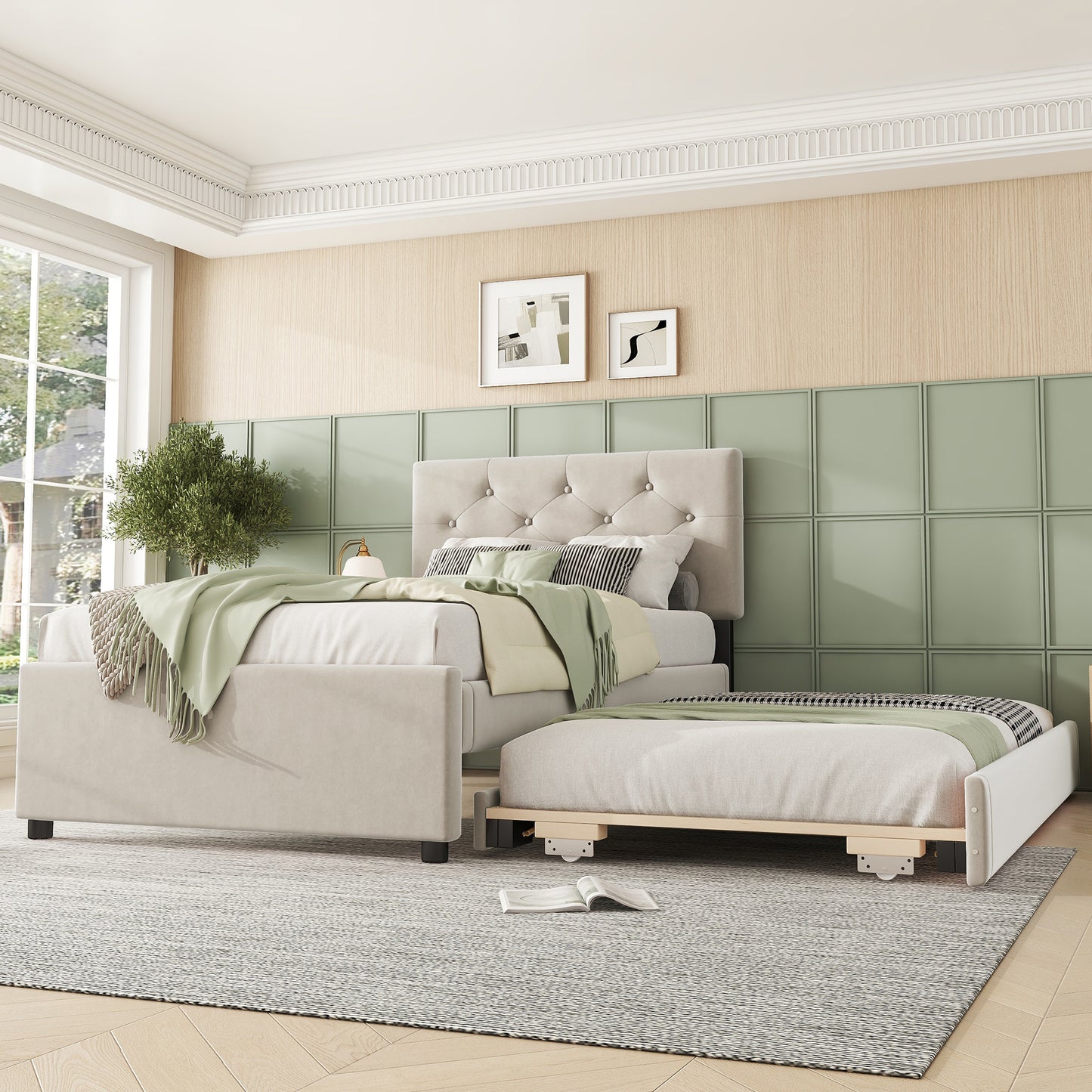Gigab2b original image - Polsterbett, 90x200cm, Bett mit Lattenrost (ohne Matratze), Bett mit Rollcontainer, Samt, Minimalistisch, Beige